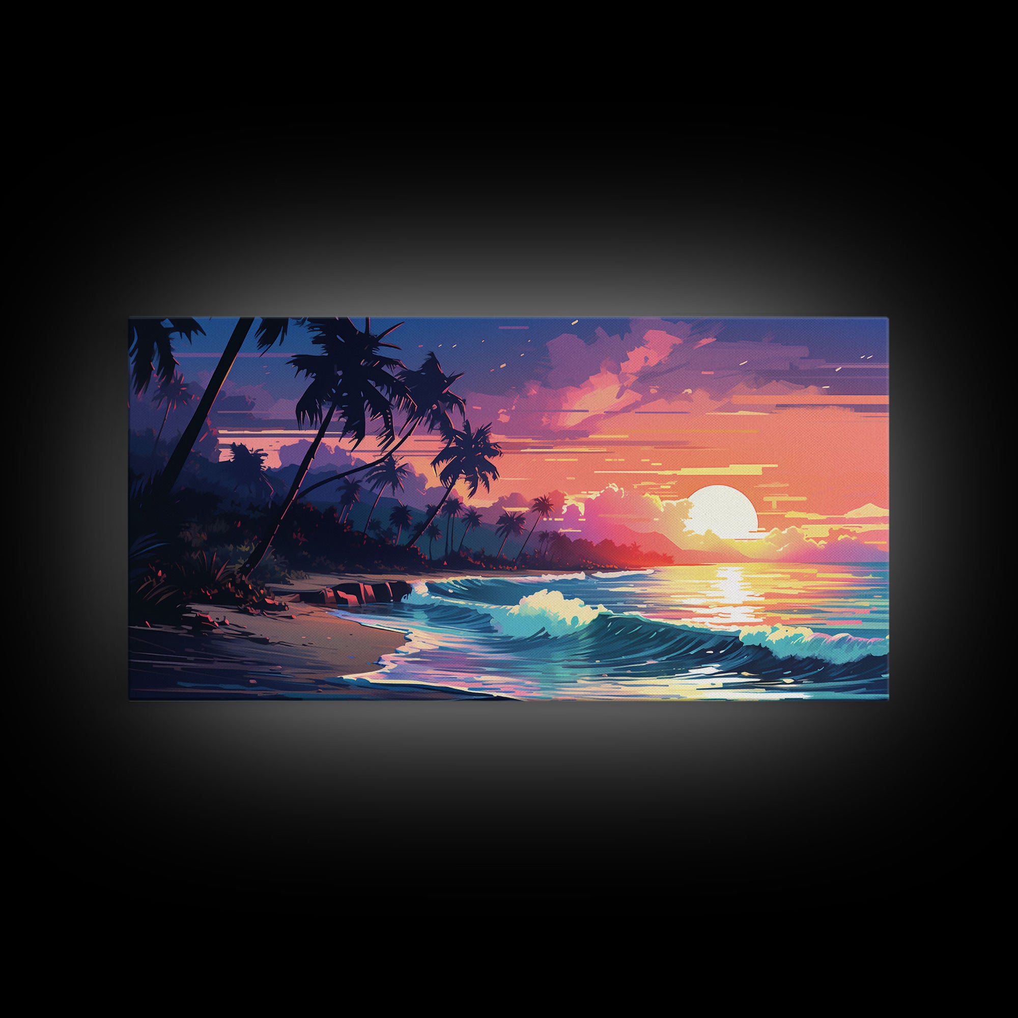 Outrun Vibes, Sunset Over The City and Beach, Palm Tree Decor, Game Room Art, Aesthetic Posters, Retro Art, 80s Vibes, 80s Art