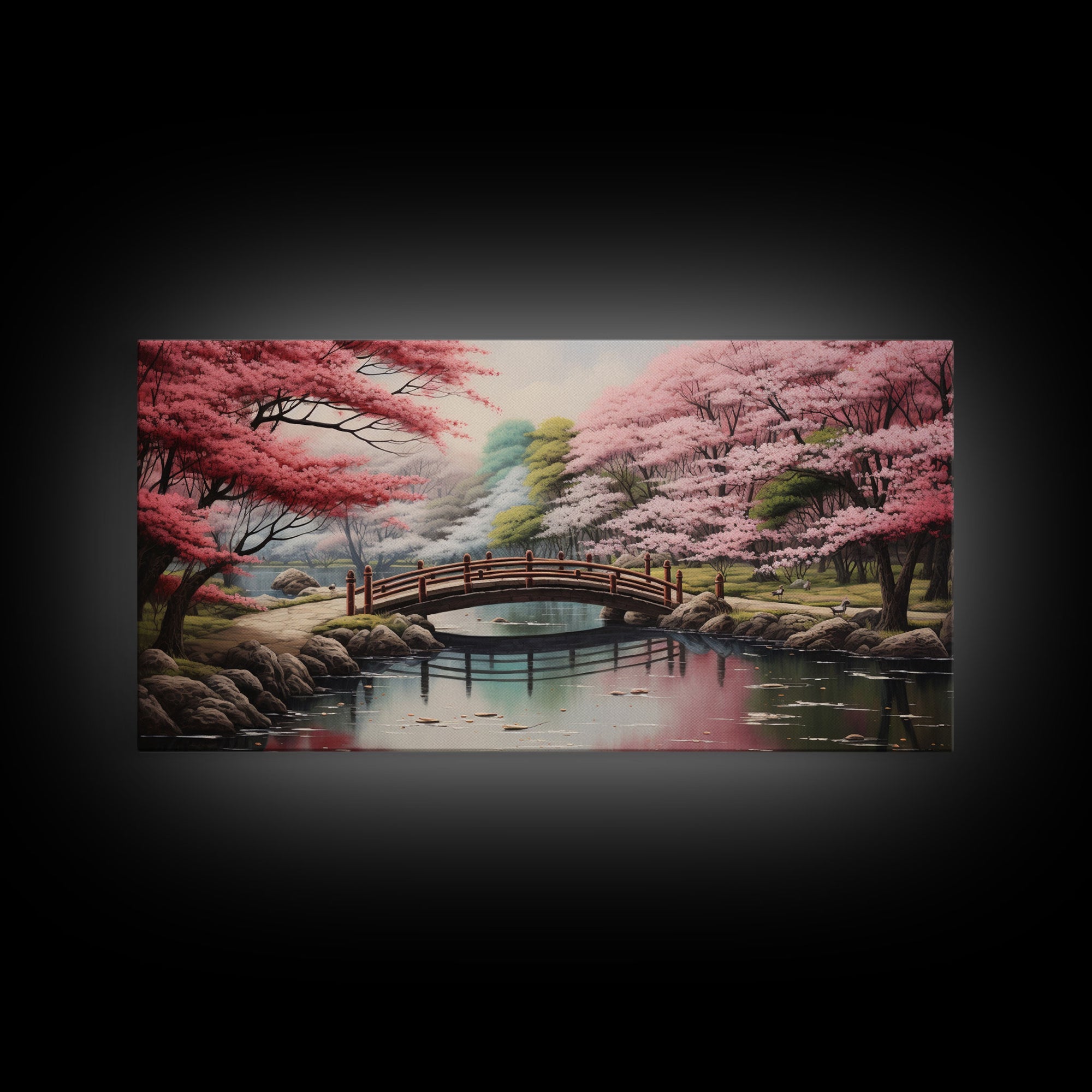 Cherry Blossoms, Japanese Wall Art, River Wall Art, Panoramic Art, Wall Art, Canvas Art, Landscape Art, Living Room Art, Tiny House Décor