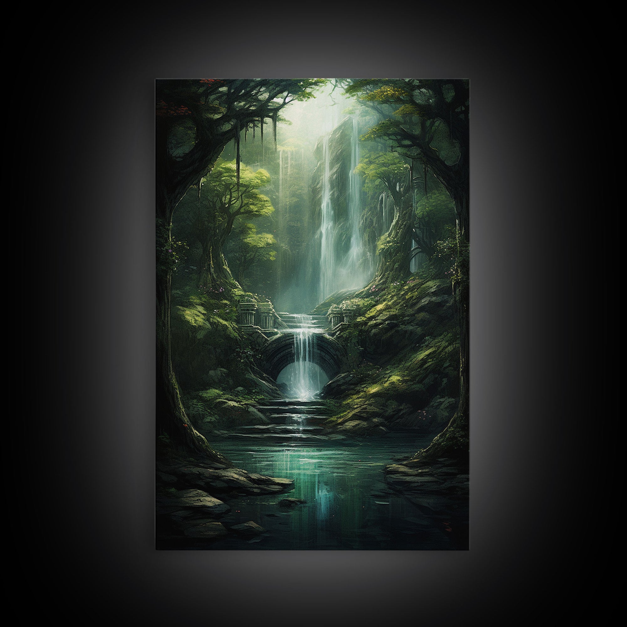 Enchanter Forest, Waterfalls Wall Art, Fantasy Artwork, Canvas Print, Wall Art, Vertical Print, Video Game Art, College Dorm Decor