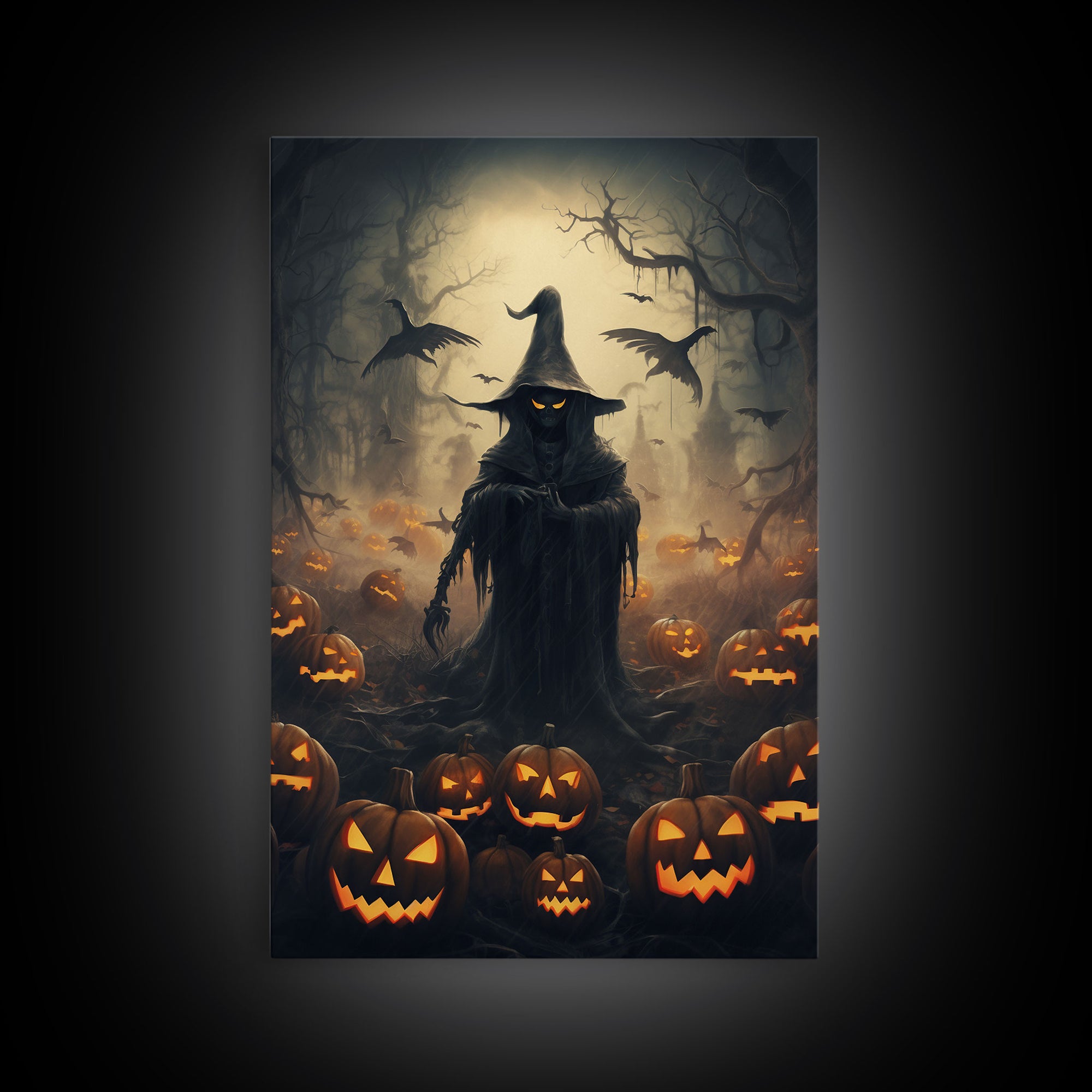 The Scarecrow and the Jack O Lantern Field, Framed Canvas Print, Halloween Canvas, Spooky Decor, Cottagecore Spooky Art