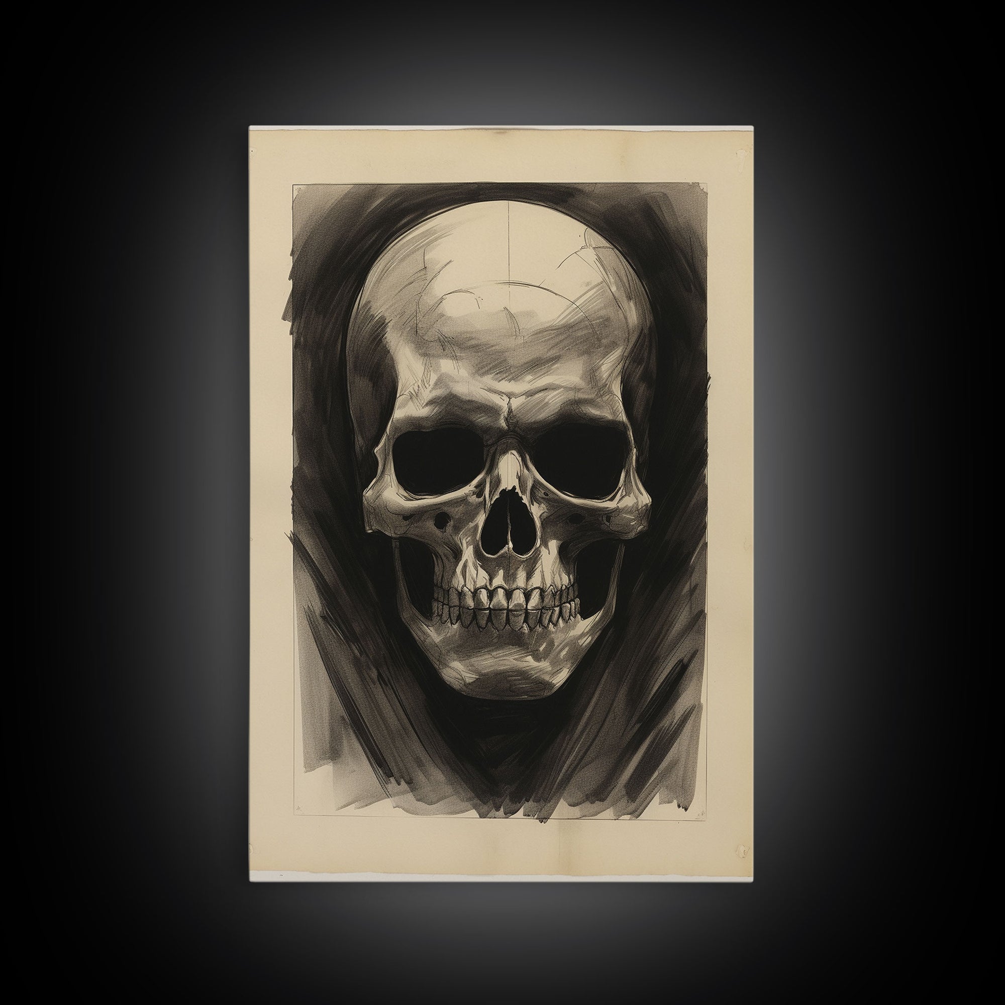 The Death Mask, Charcoal Sketch, Framed Canvas Print, Halloween Decor, Halloween Wall Art, Skull Portrait, Oddities, Witchy Decor