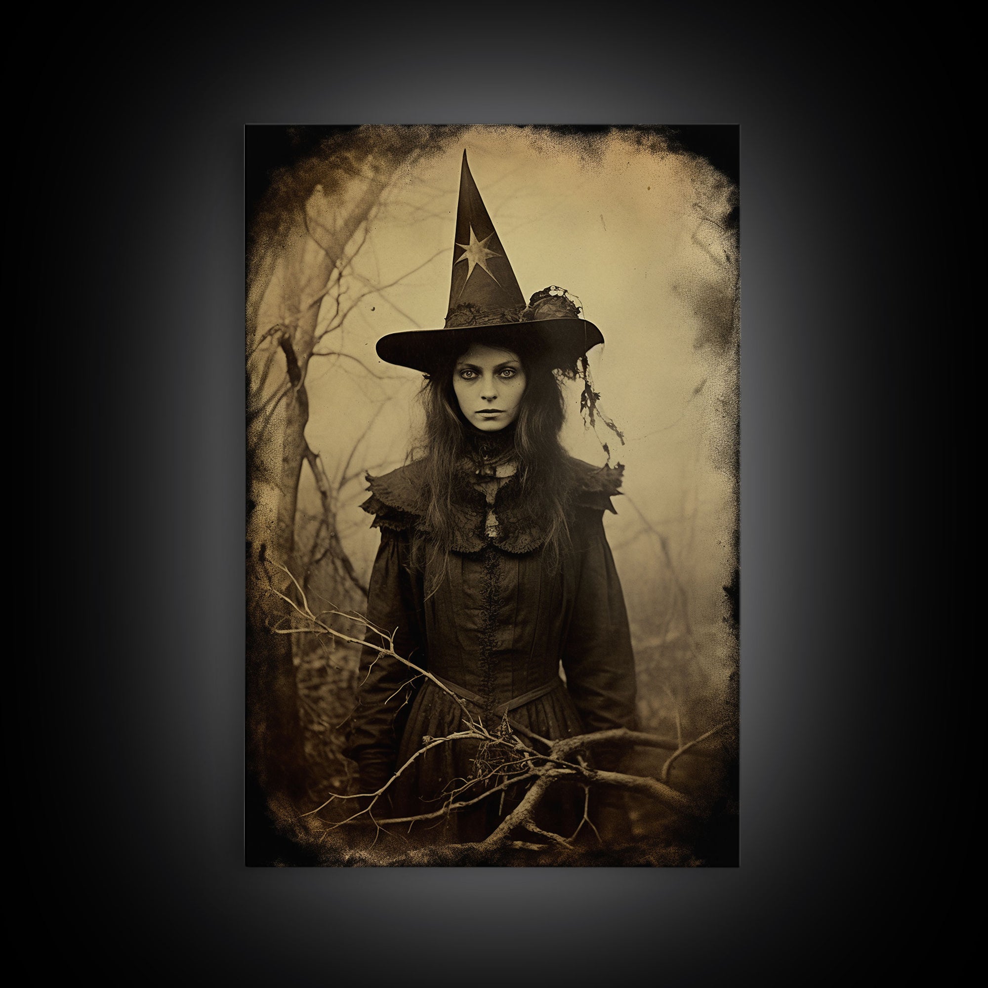 Witchy Art, Portrait of a Victorian Witch, Daguerreotype, Framed Canvas Print, Halloween Wall Art, Halloween Canvas, Fall Decor