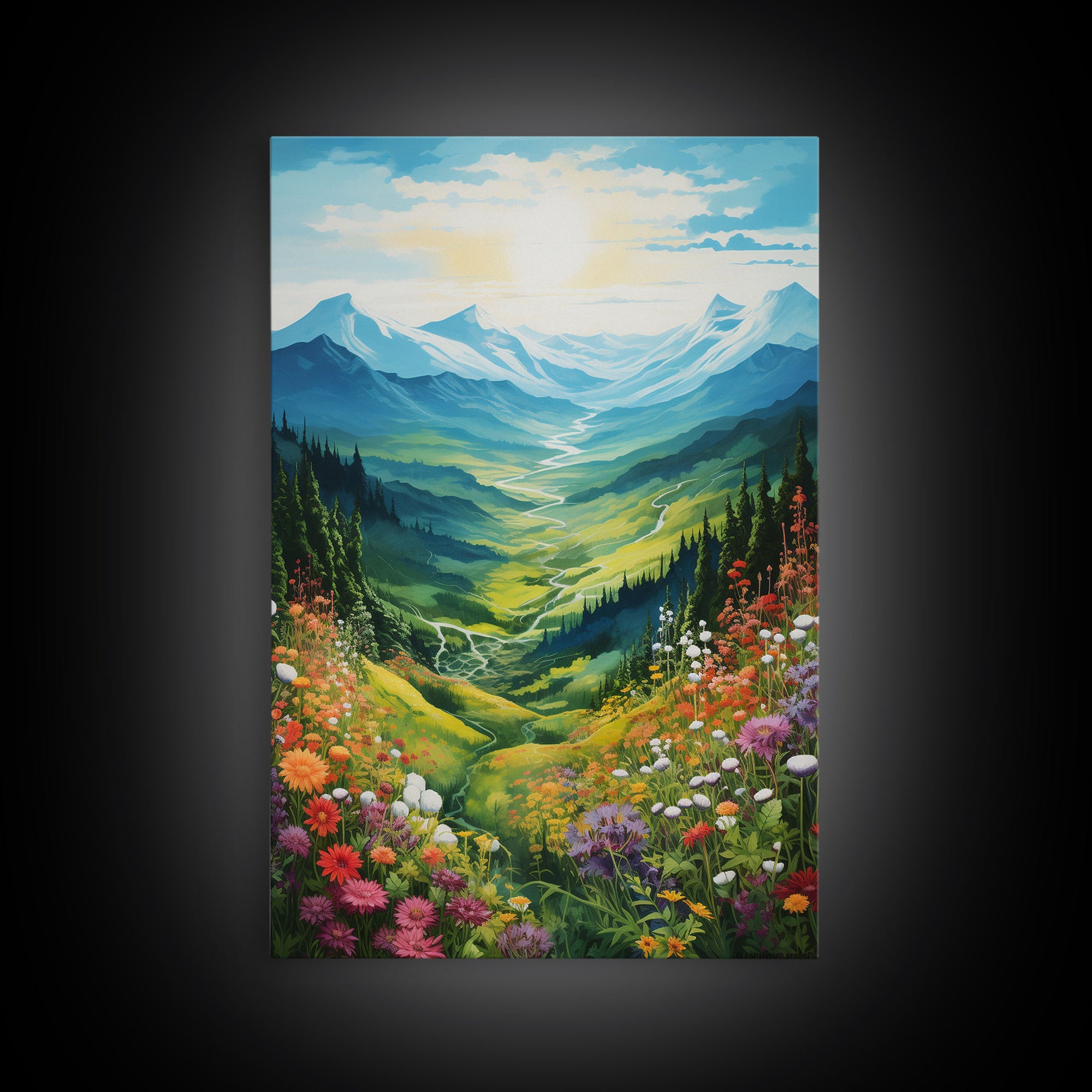 Wildflower Meadow, Mountains Wall Art, Landscape Art, Spring Decor, Canvas Print, Wall Art, Vertical Art, Living Room Wall Art, Hostess Gift