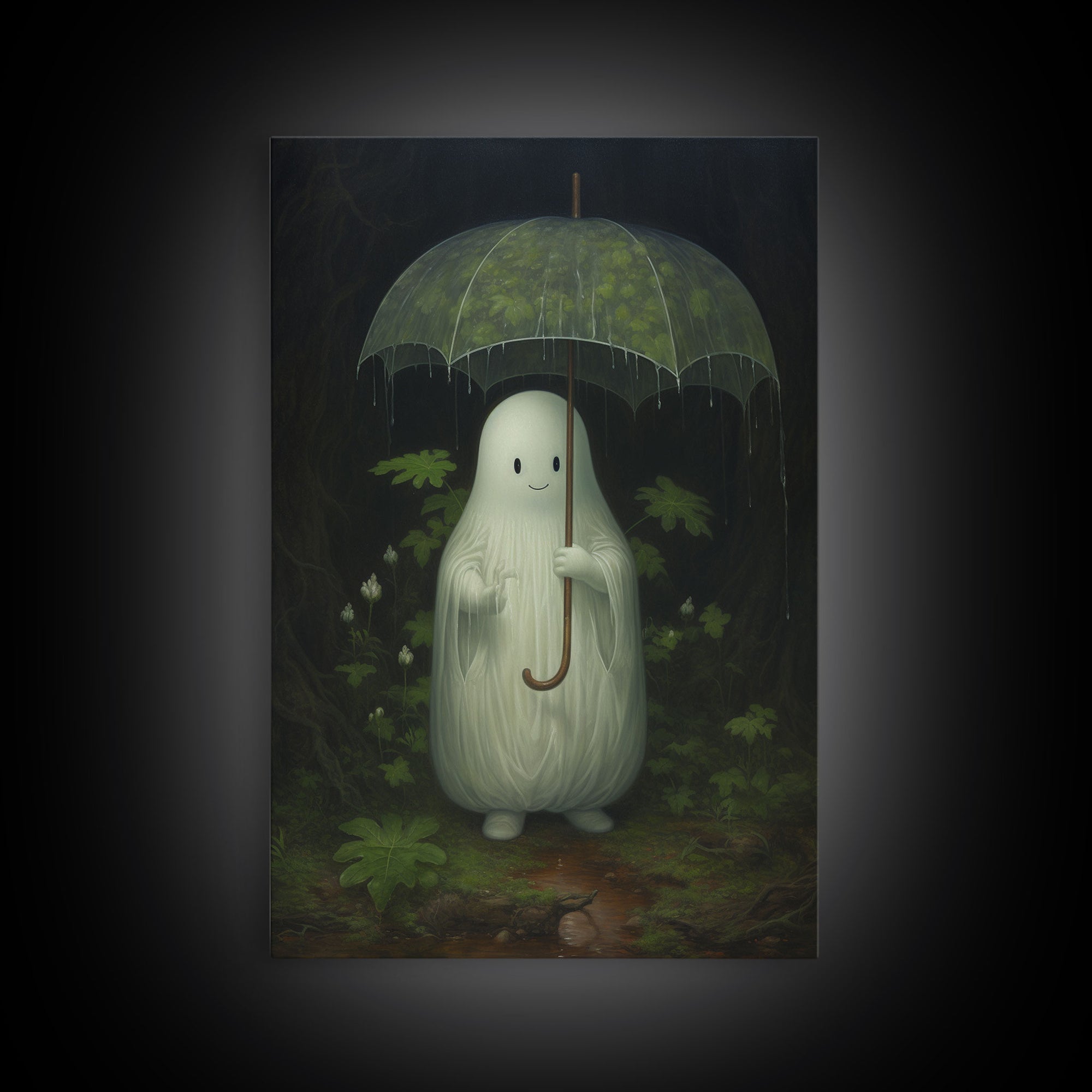 Ghost Holding an Umbrella In The Rain, Vintage Halloween Canvas Print, Framed Canvas, Halloween Wall Art, Dark Academia, Spooky Haunted