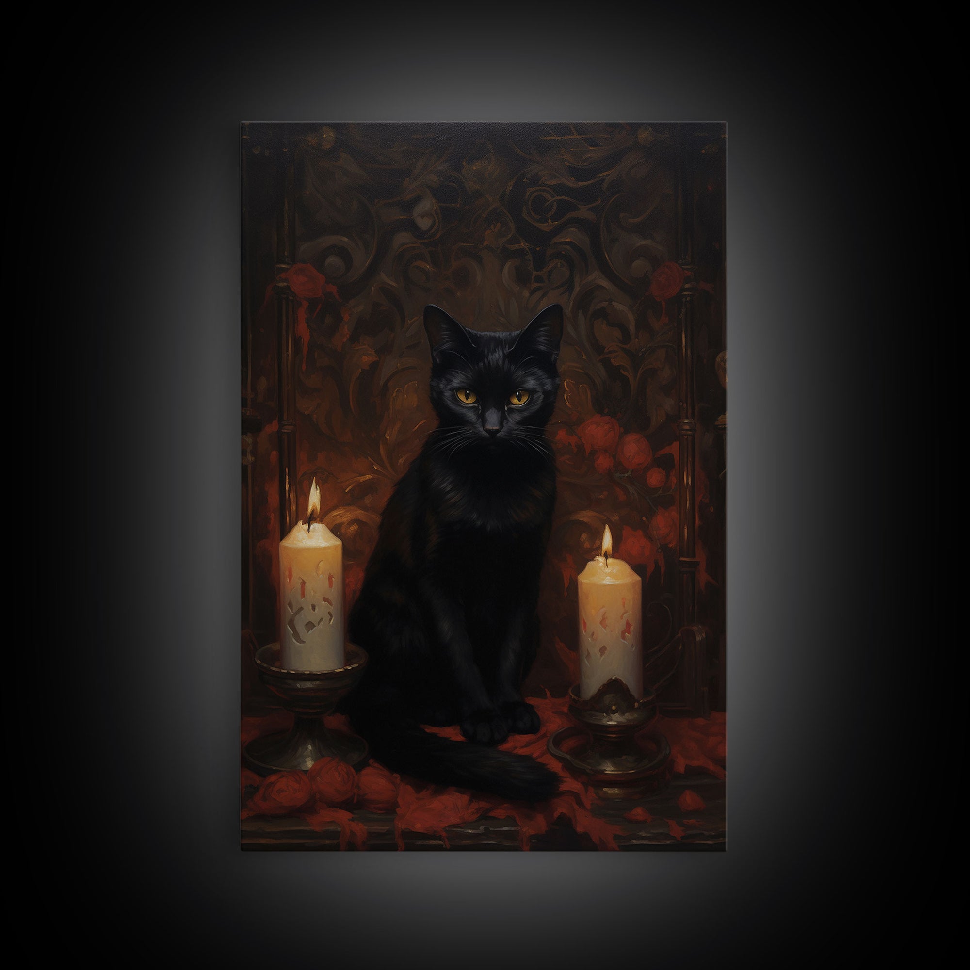 The Witch's Familiar, Black Cat Art, Halloween Retro Canvas / Canvas Print, Goth Wall Art, Goth Portrait Art, Goth Art 5x7