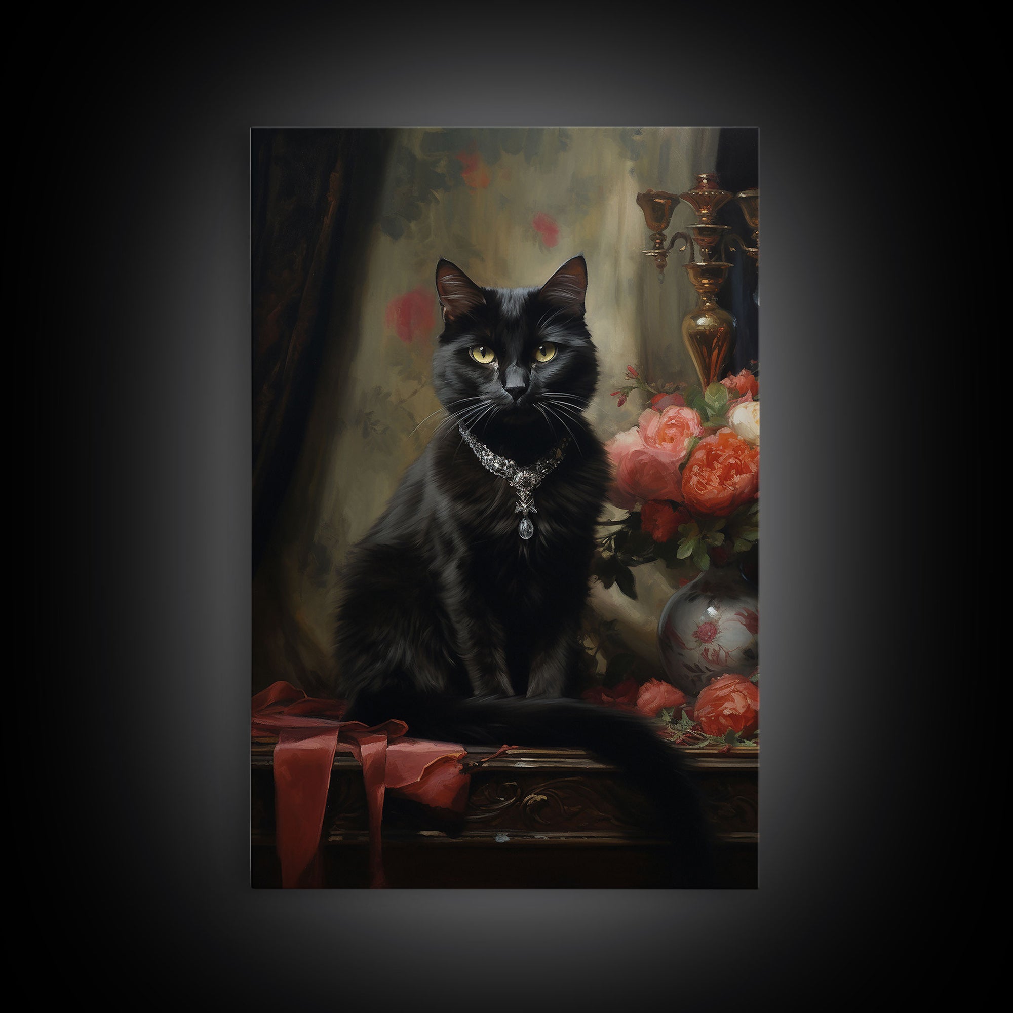 The Witch's Familiar, Black Cat Art, Halloween Retro Canvas / Canvas Print, Goth Wall Art, Goth Portrait Art, Goth Art 5x7