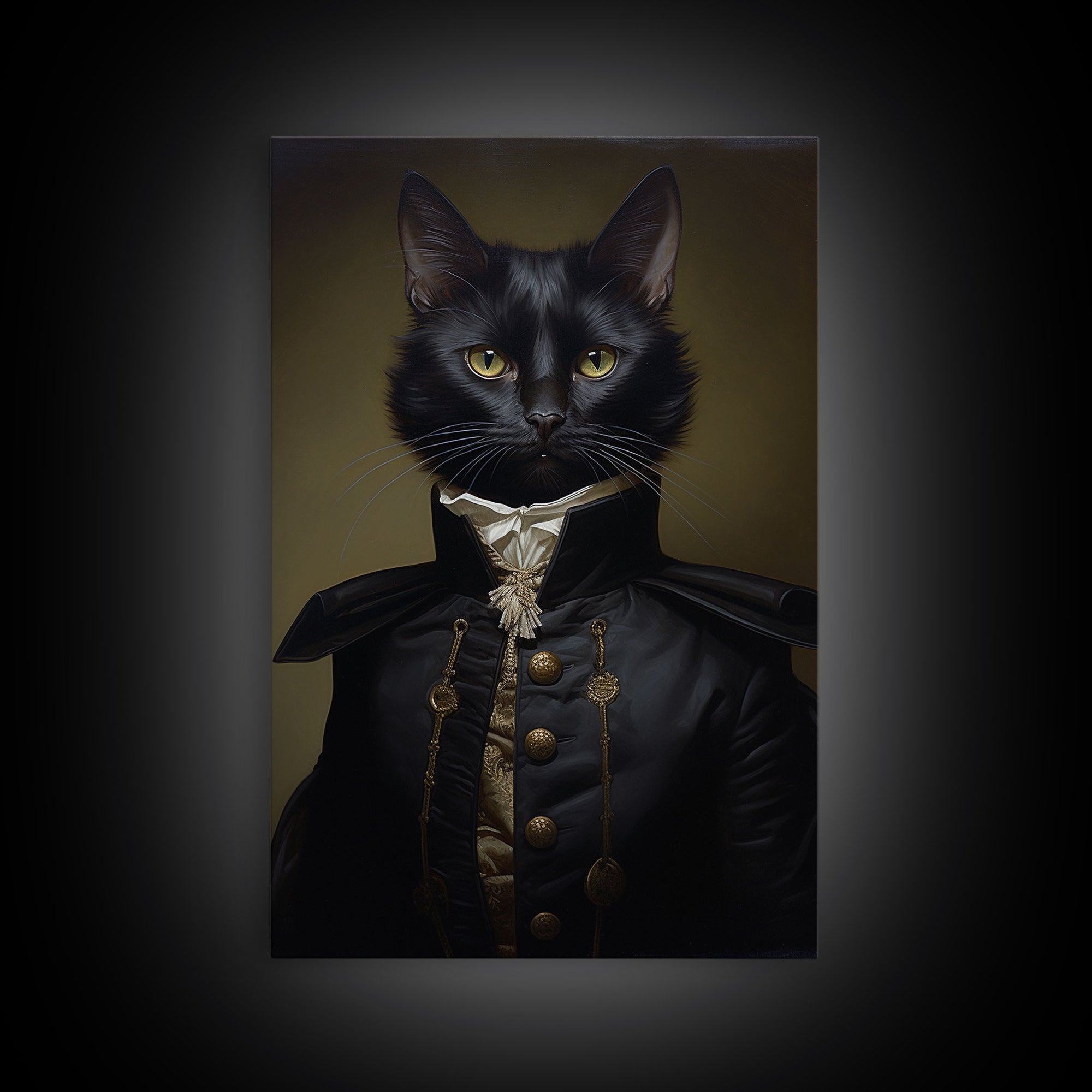 Admiral Meow Reporting For Duty, Victorian Cat Portrait Art, Framed Canvas Print, Gothic Dark Academia Wall Art