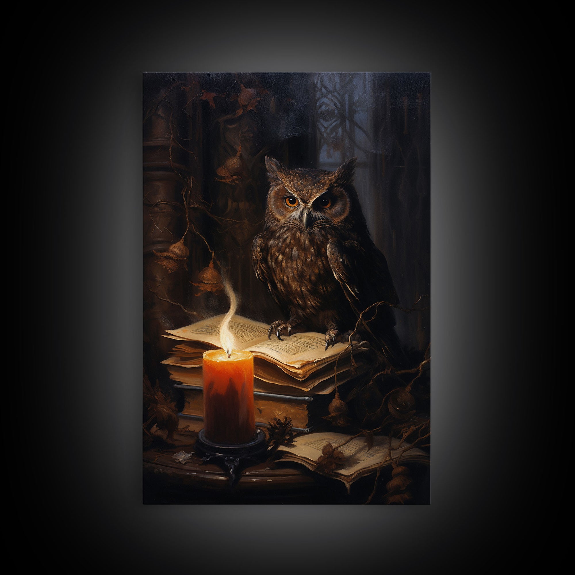 The Witch's Familiar, Framed Canvas Print, Halloween Decor, Halloween Canvas Art, Victorian Owl Oil Painting