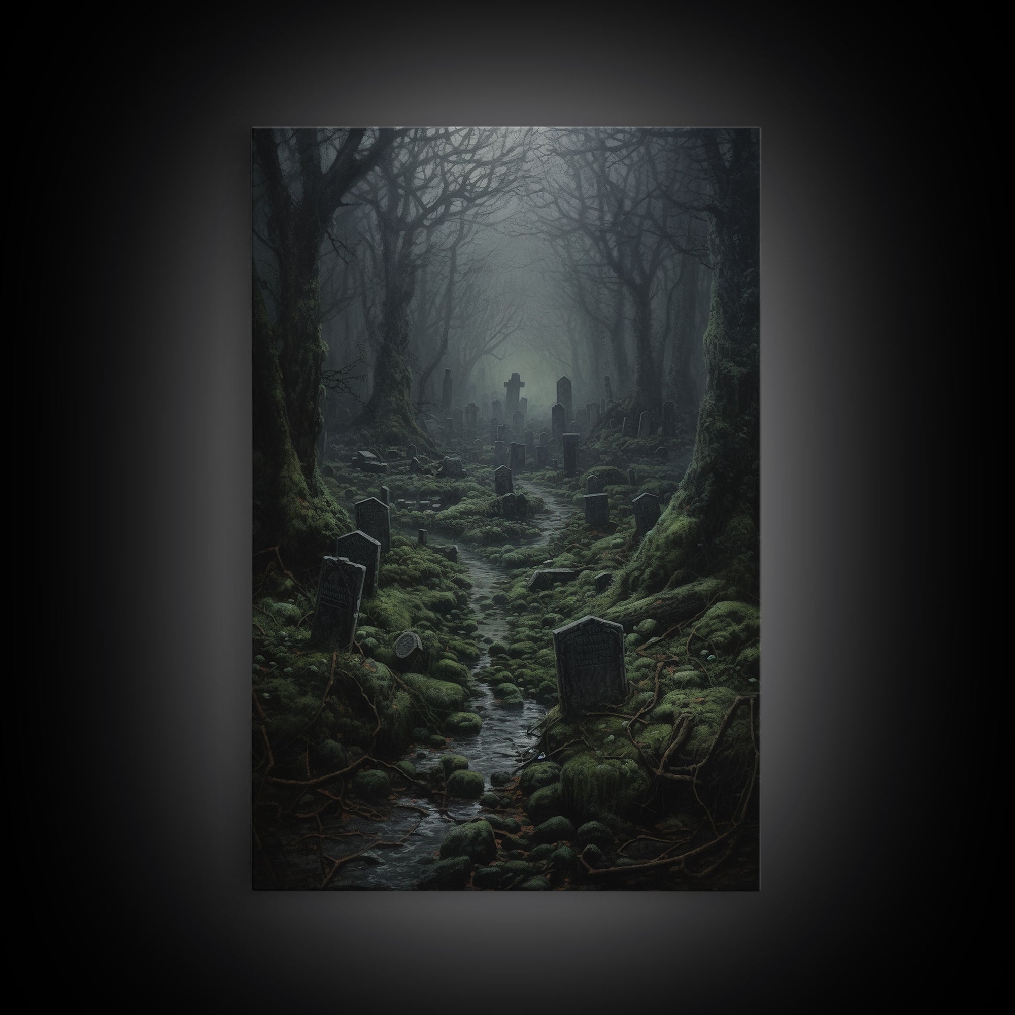 Haunted Cemetery, Macabre Halloween Art, Dark Arts, Framed Canvas Print, Graveyard At Midnight, Spooky Halloween Art