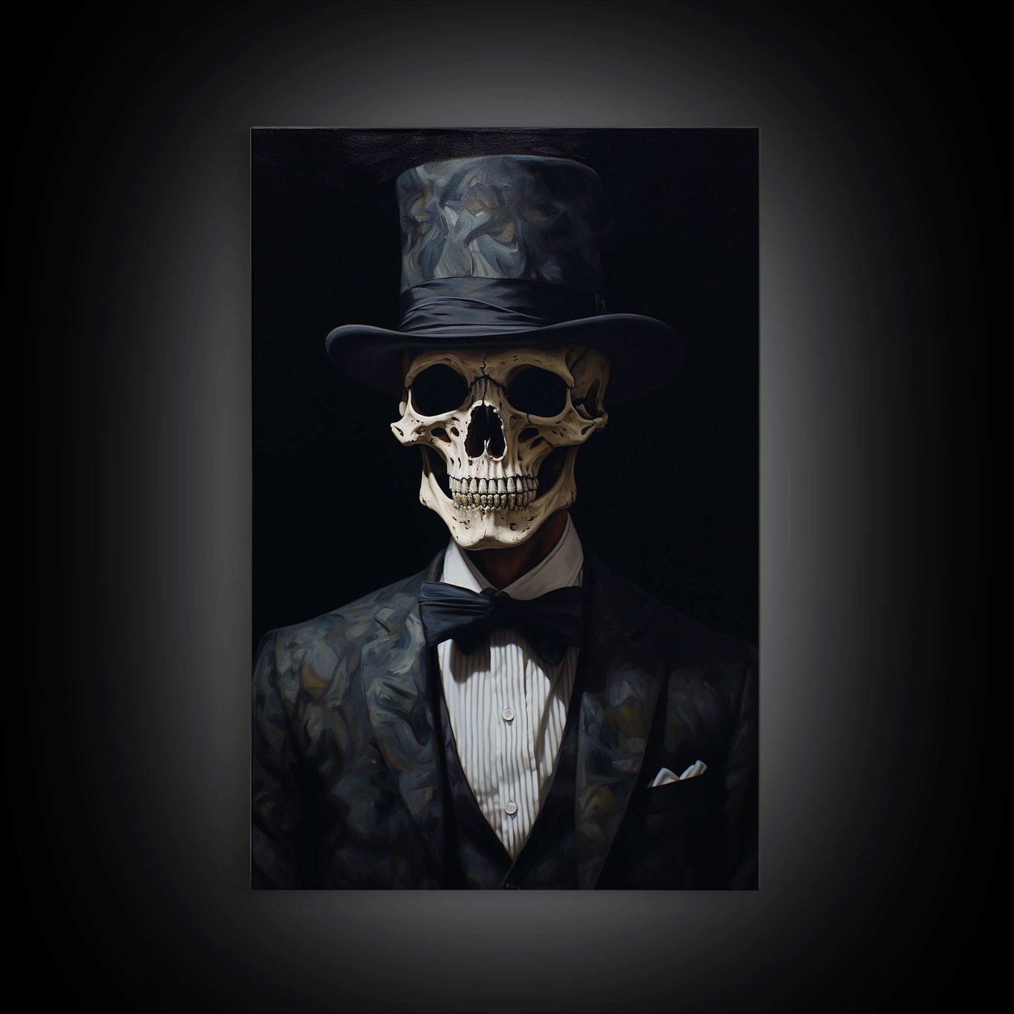 Skeleton In A Bowler Hat, Renaissance Skeleton, Framed Canvas Print, Gothic Halloween Decor, 1920s Style Art Deco Horror Art