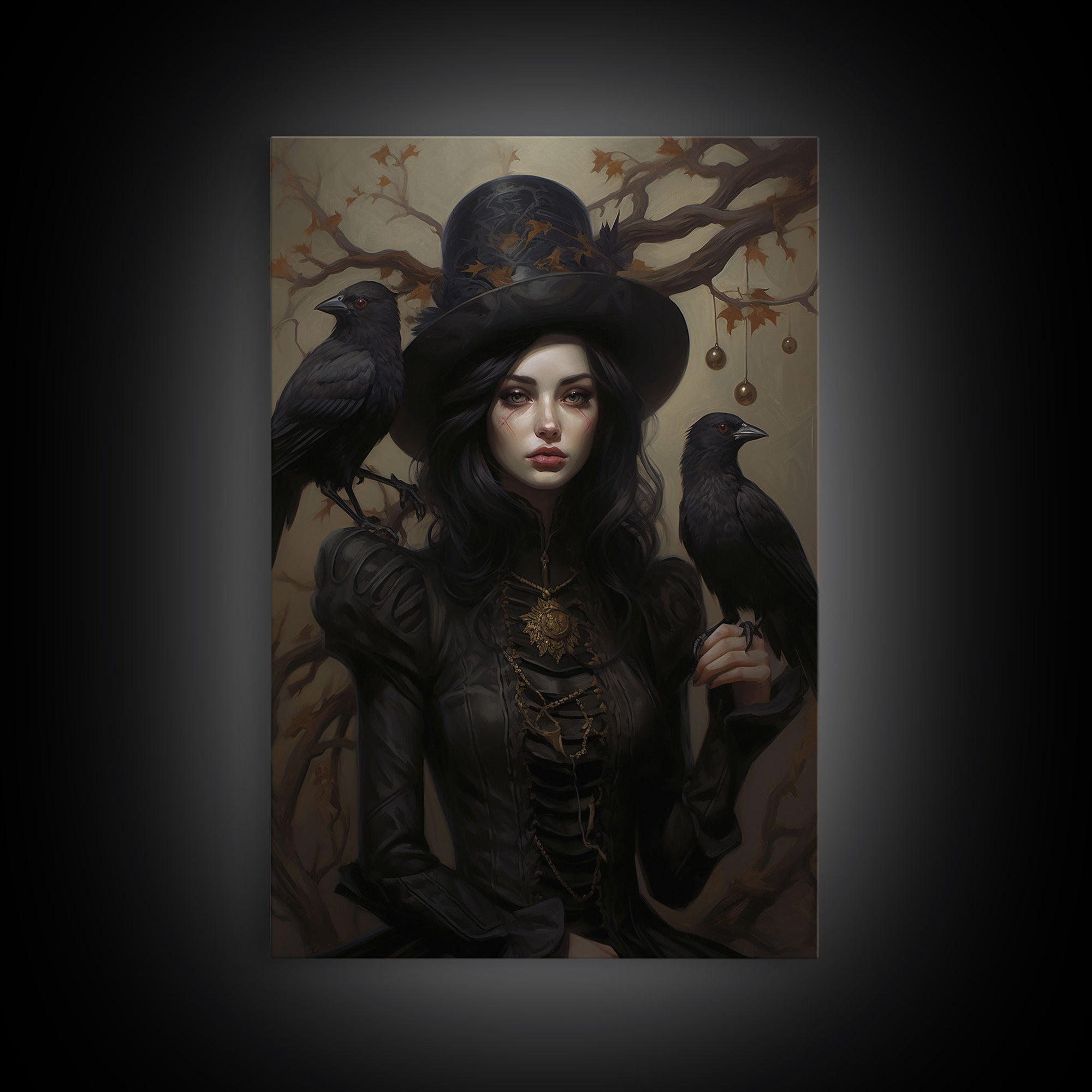 The Witch and Her Ravens, Framed Canvas, Oil Painting Print, Halloween Decor, Gothic Art, Dark Academia, Witchcraft Halloween Art