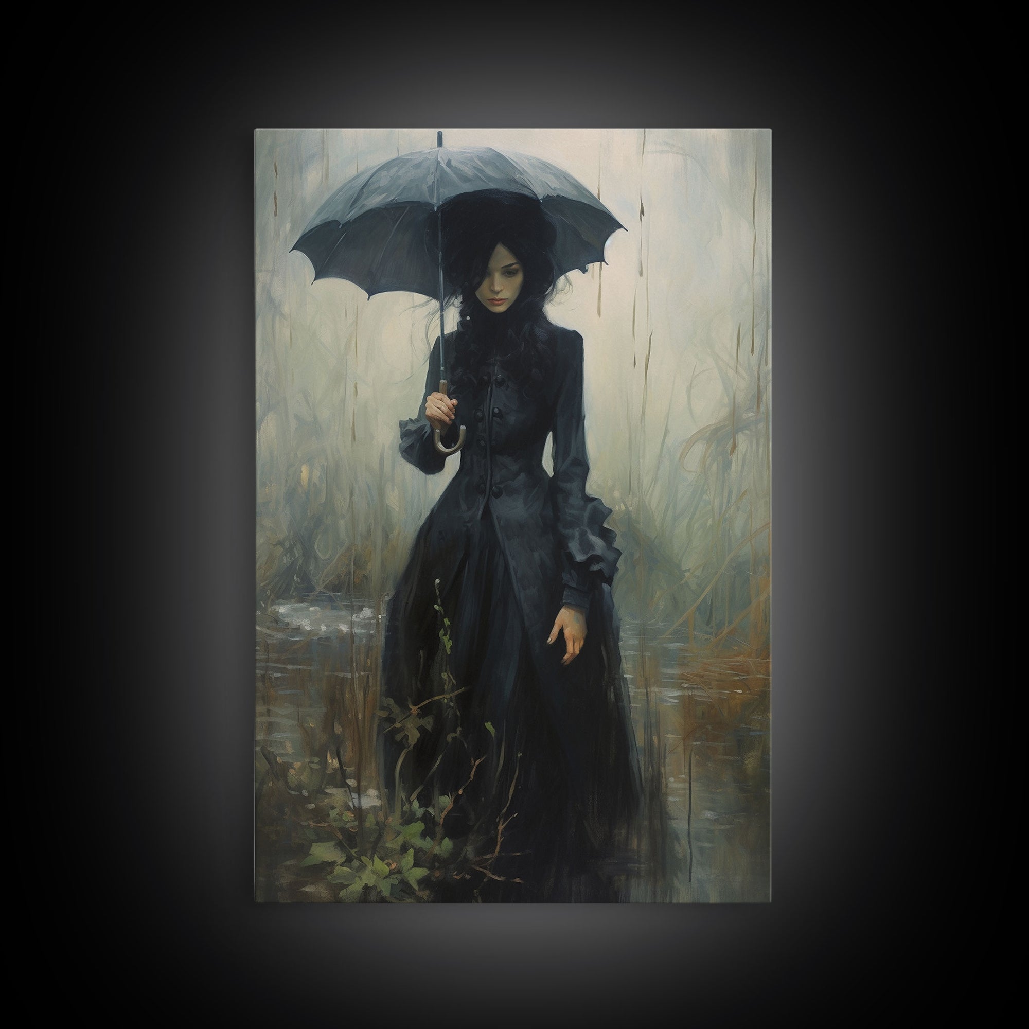 Victorian Witch In The Rain, Halloween Decor, Framed Canvas Print, Halloween Poster Art, Victorian Oil Painting, Goth Decor