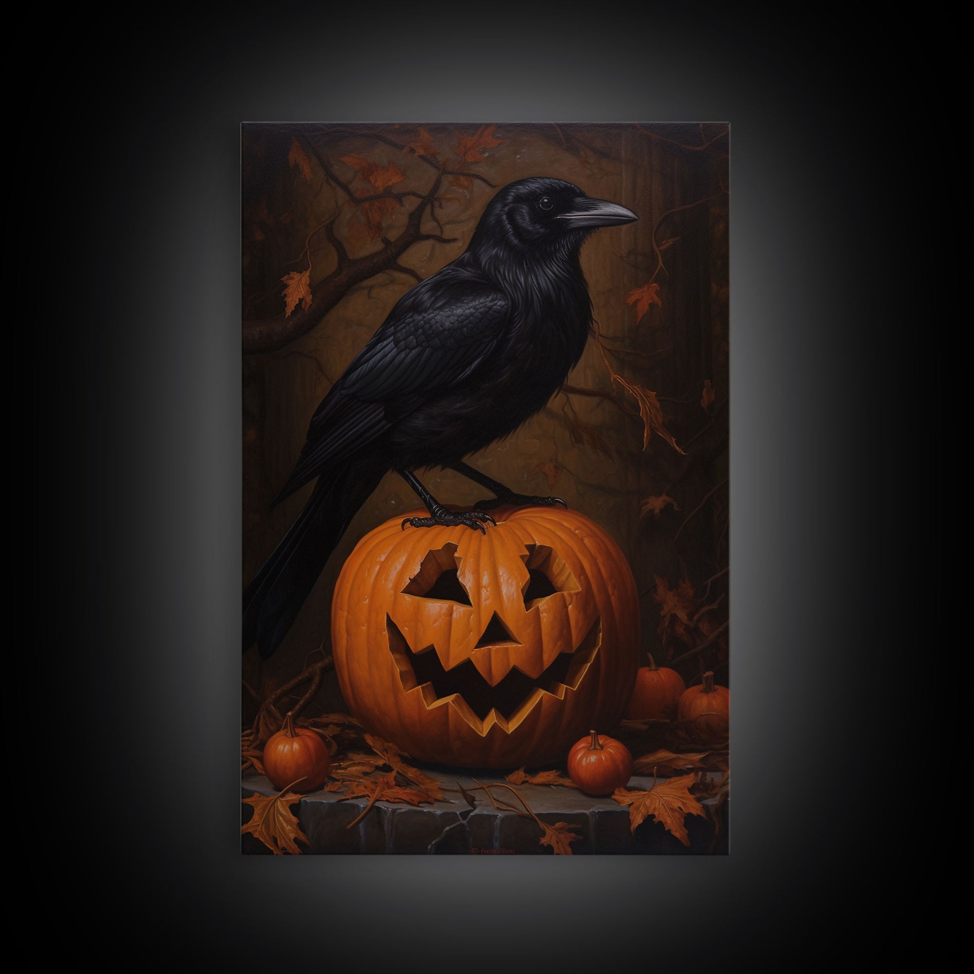 Crow Atop A Jack O Lantern, Framed Canvas Print, Halloween Decor, Raven Painting, Victorian Oil Painting Print, Macabre Horror Print