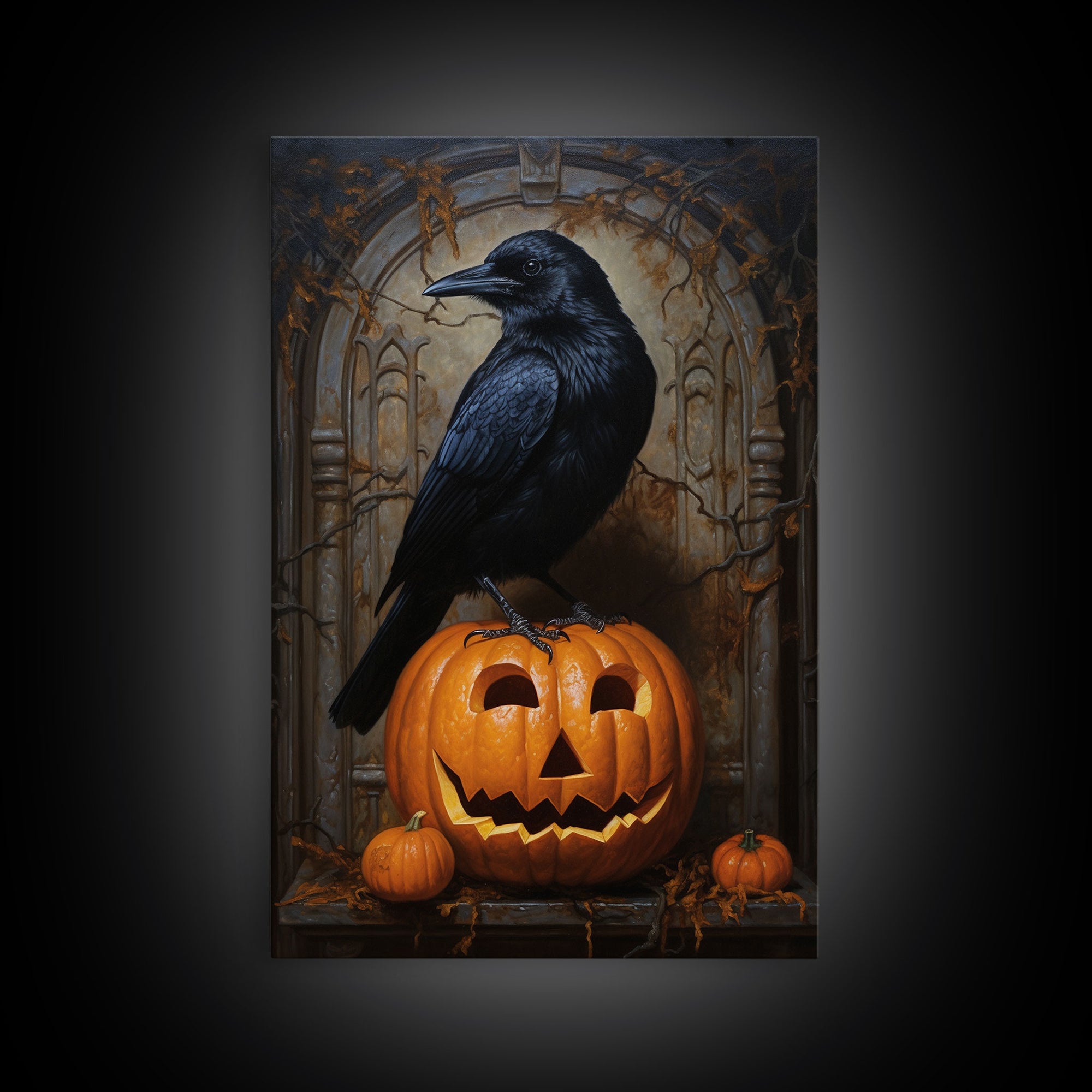 Macabre Crow Atop A Jack O Lantern, Framed Canvas Print, Halloween Decor, Raven Painting, Victorian Oil Painting Print, Macabre Horror Print