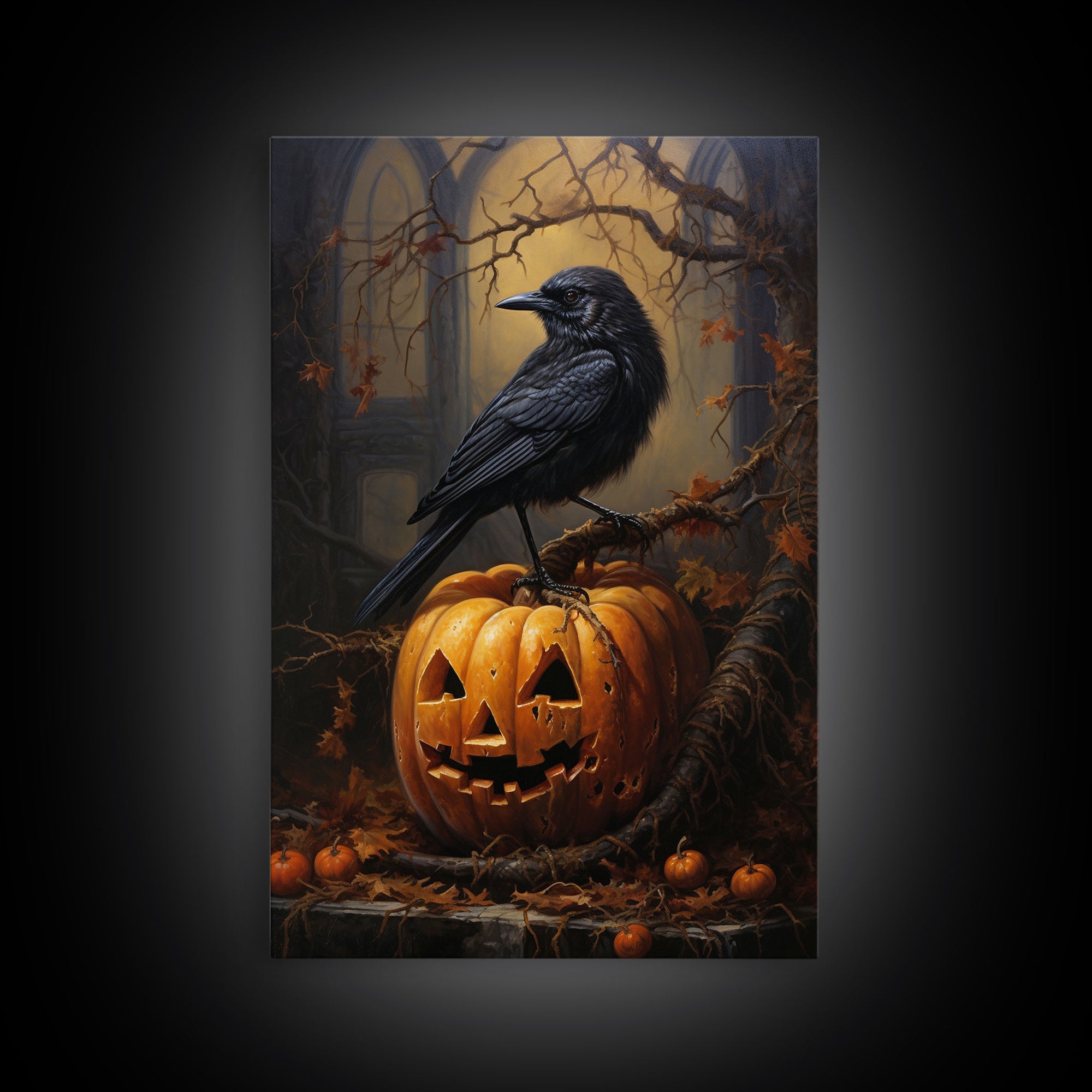 Raven Atop A Jack O Lantern, Framed Canvas Print, Halloween Decor, Raven Painting, Victorian Oil Painting Print, Macabre Horror, Witch Art