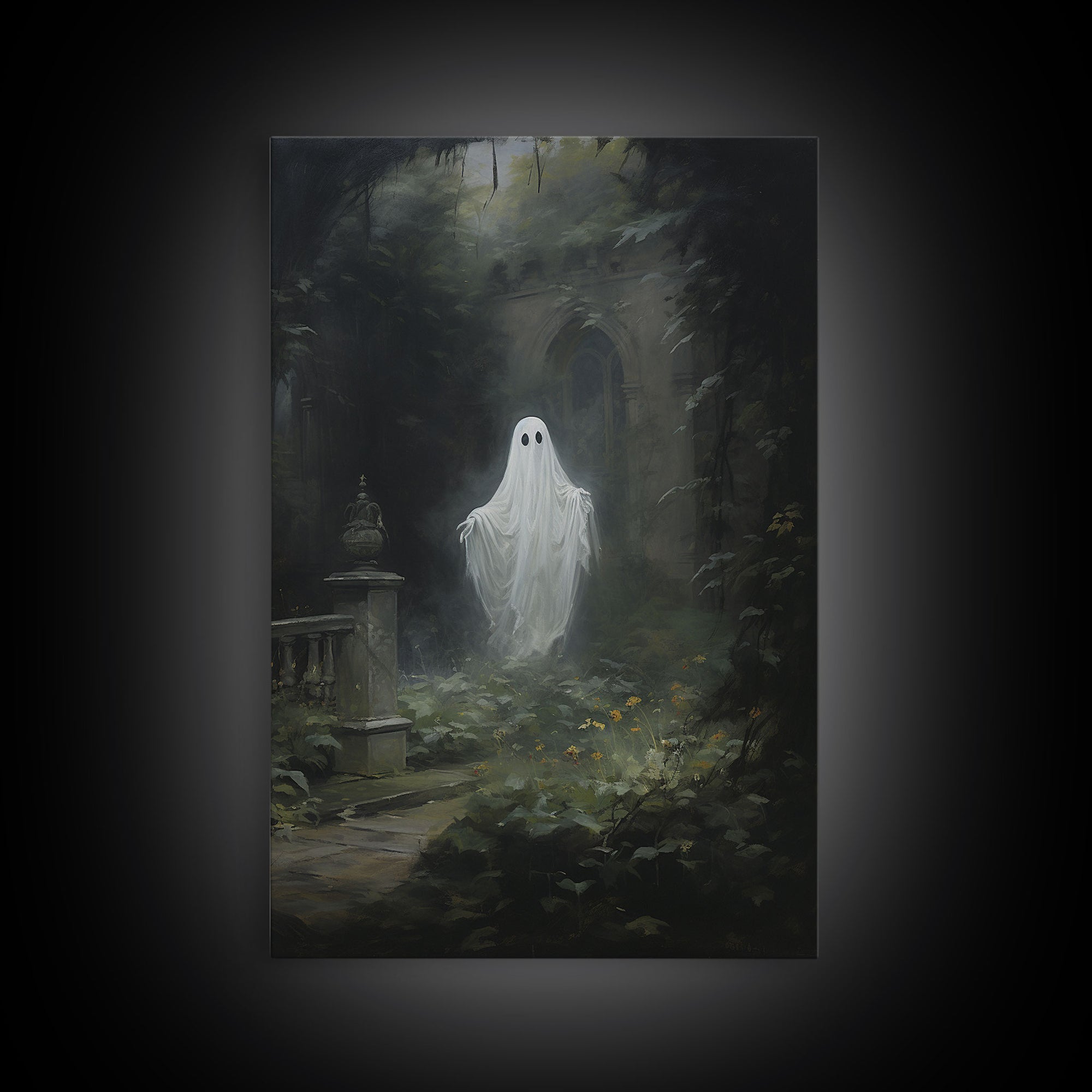 The Ghost In The Garden, Halloween Canvas Print, Framed Canvas Art, Halloween Decor, Dark Academia, Horror Prints, Oil Painting