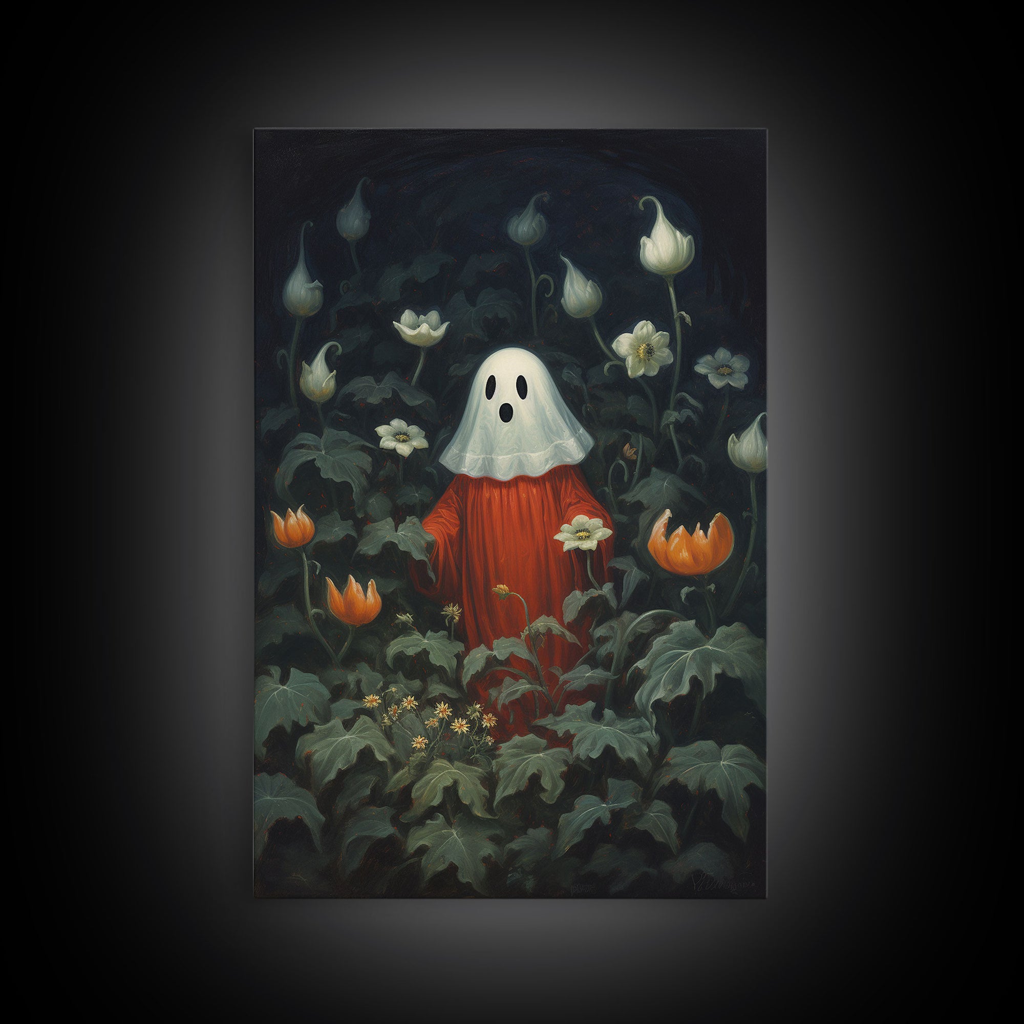 The Ghost In The Flower Garden, Halloween Canvas Print, Framed Canvas Art, Halloween Decor, Dark Academia, Horror Prints, Oil Painting