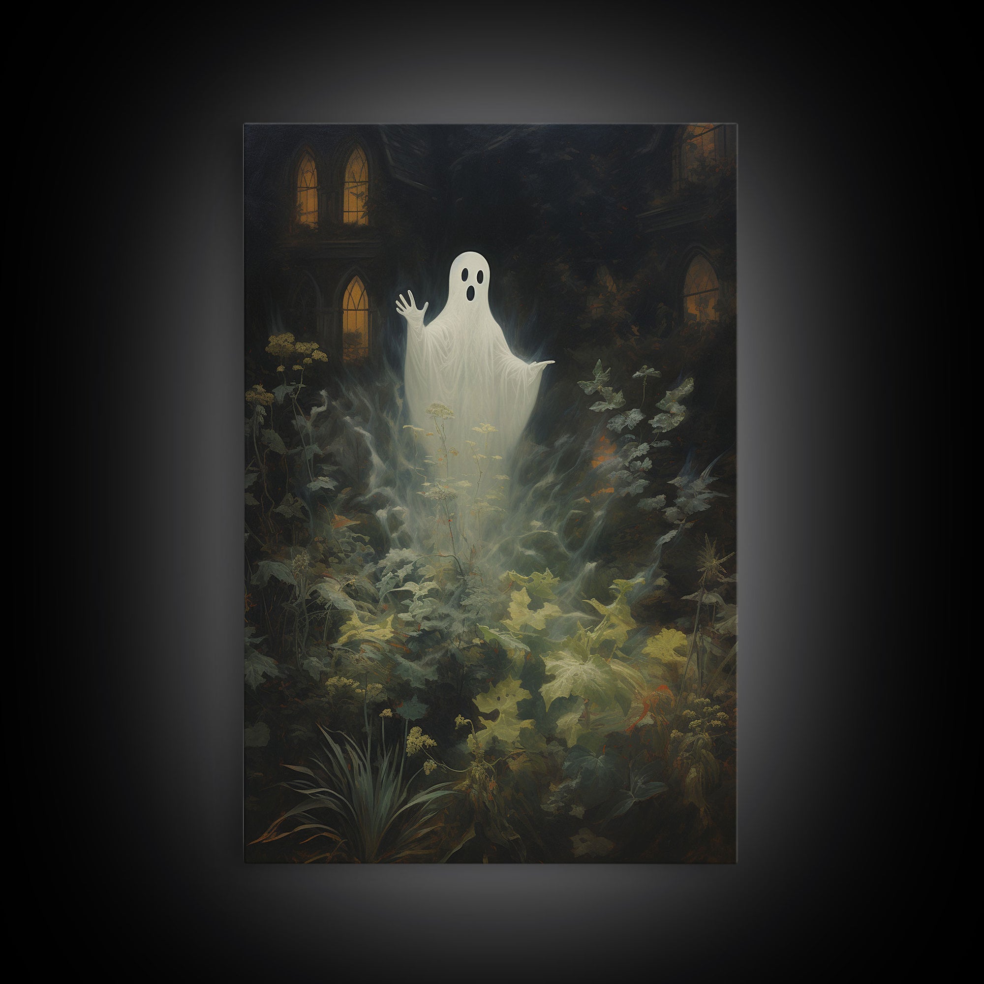 The Waving Ghost In The Garden, Halloween Canvas Print, Framed Canvas Art, Halloween Decor, Dark Academia, Horror Prints, Oil Painting