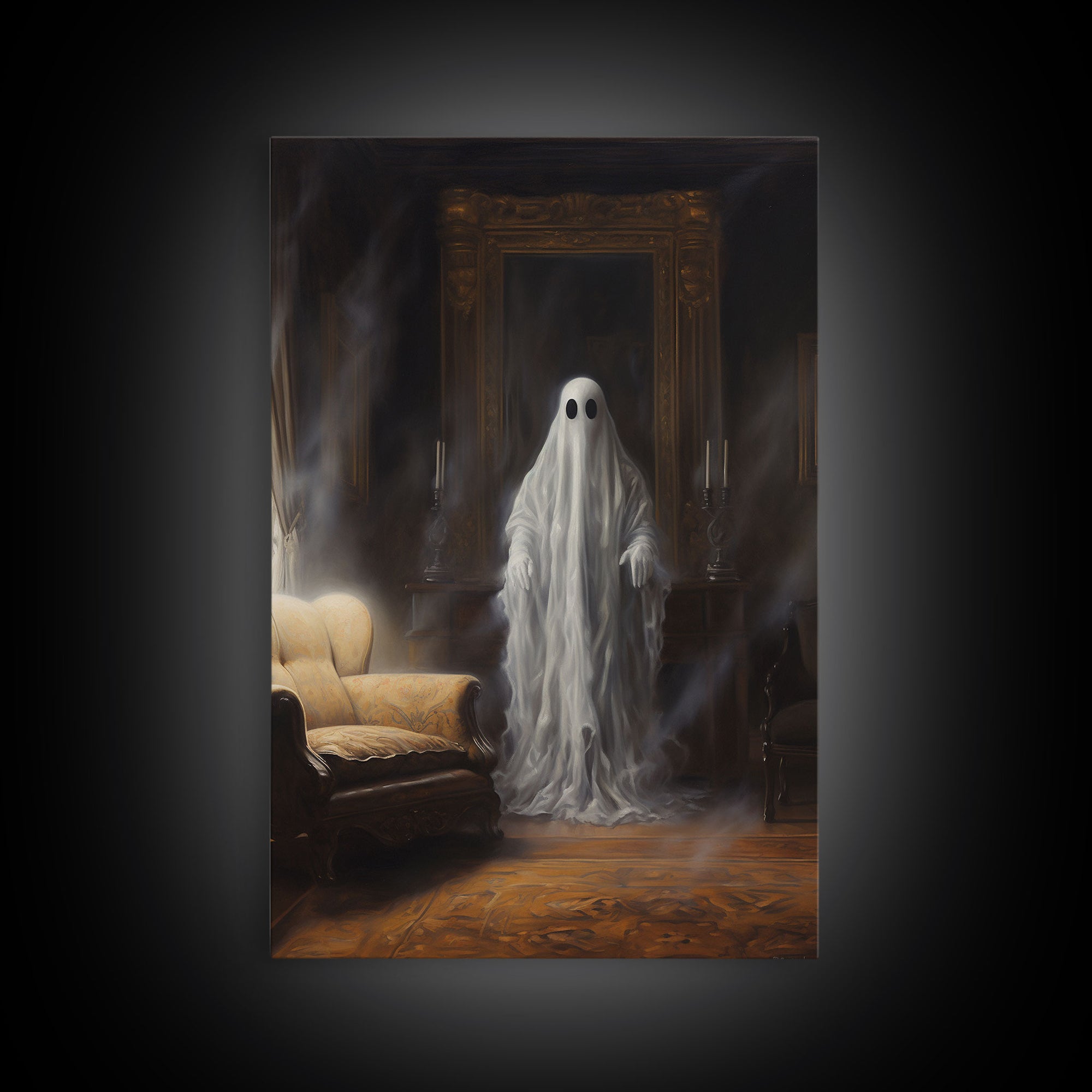 The Ghost In The Mirror, Ghost Print, Framed Canvas, Halloween Canvas Print, Horror Print, Macabre Dark Academia Wall Art