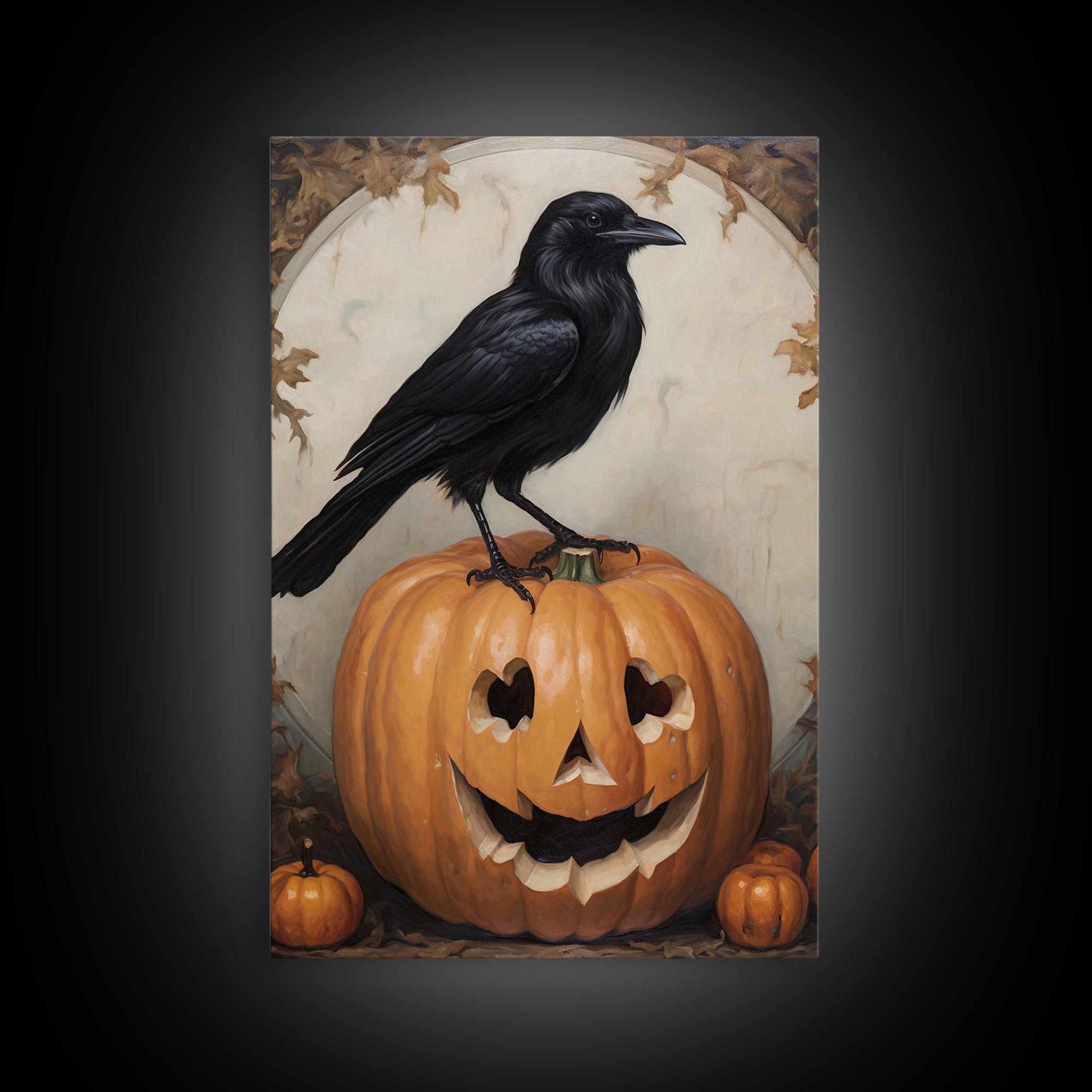 Vintage Halloween Crow Print, Raven On A Jack O Lantern Oil Painting Framed Canvas Print, Retro Halloween Wall Art, Macabre Art