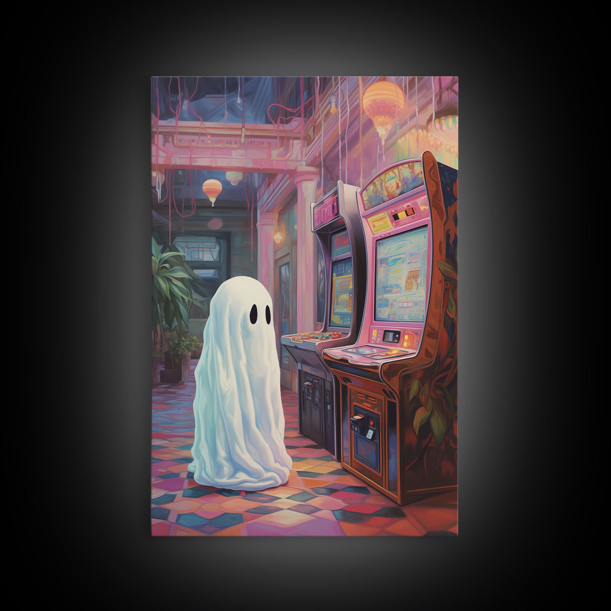 Cute Little Boo, The Phantom Of The Arcade, Vaporwave Style Halloween Decor, Vintage Halloween, Retro Vibes Horror Print, Ghost Art