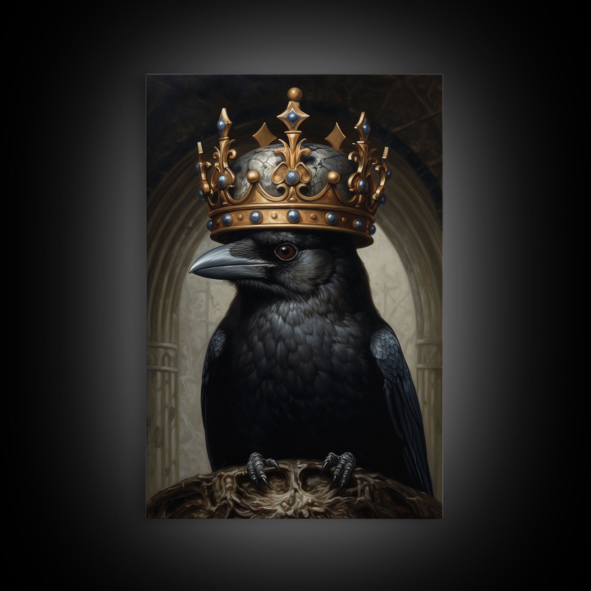 King Of The Ravens, Dark Academia, Gothic Decor, Witch's Familiar, Framed Canvas Print or Canvas, Crow Portrait, Halloween Decor Art