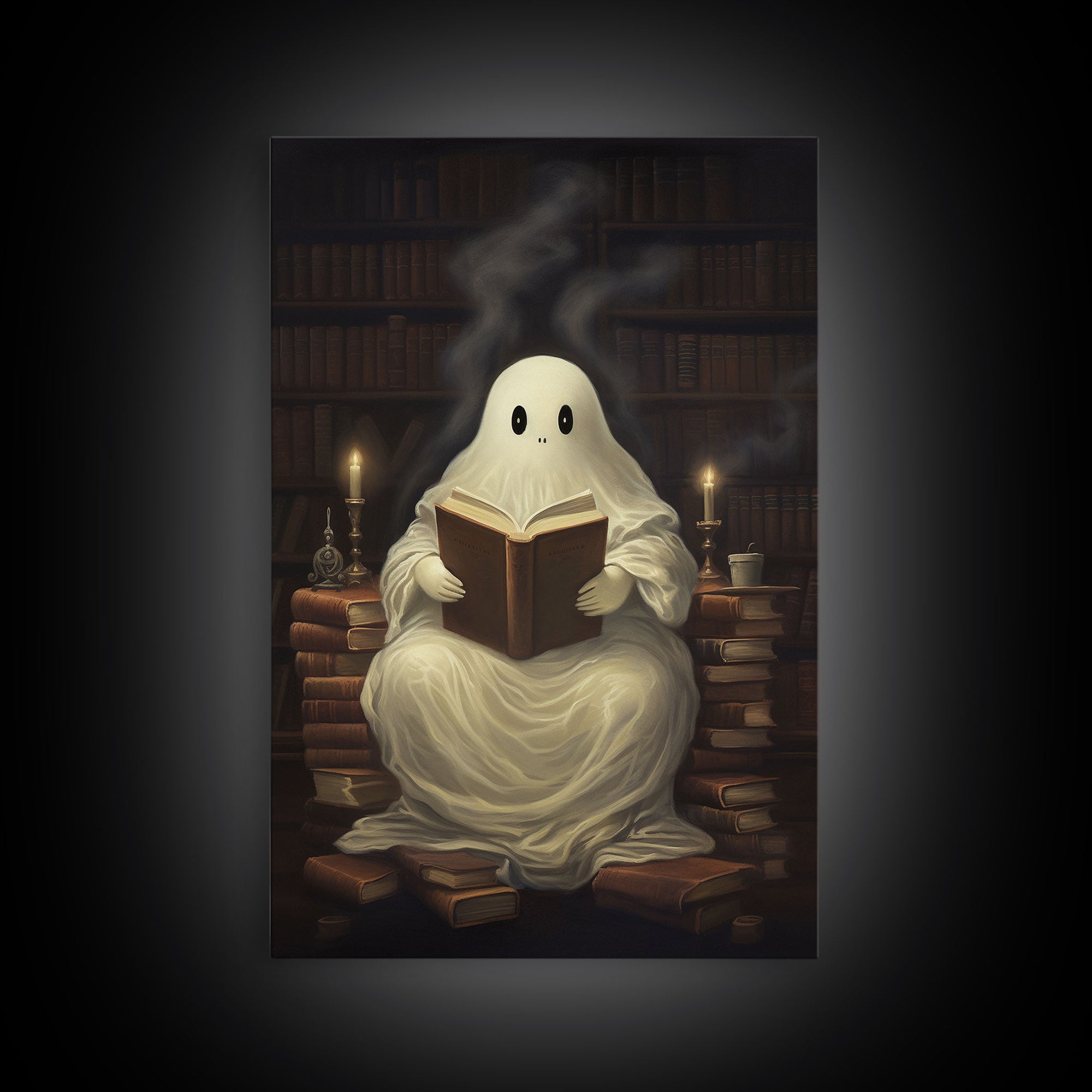 The Reading Ghost, Victorian Halloween Art, Funny Halloween, Framed Canvas, Halloween Canvas Art, Macabre Goth Art