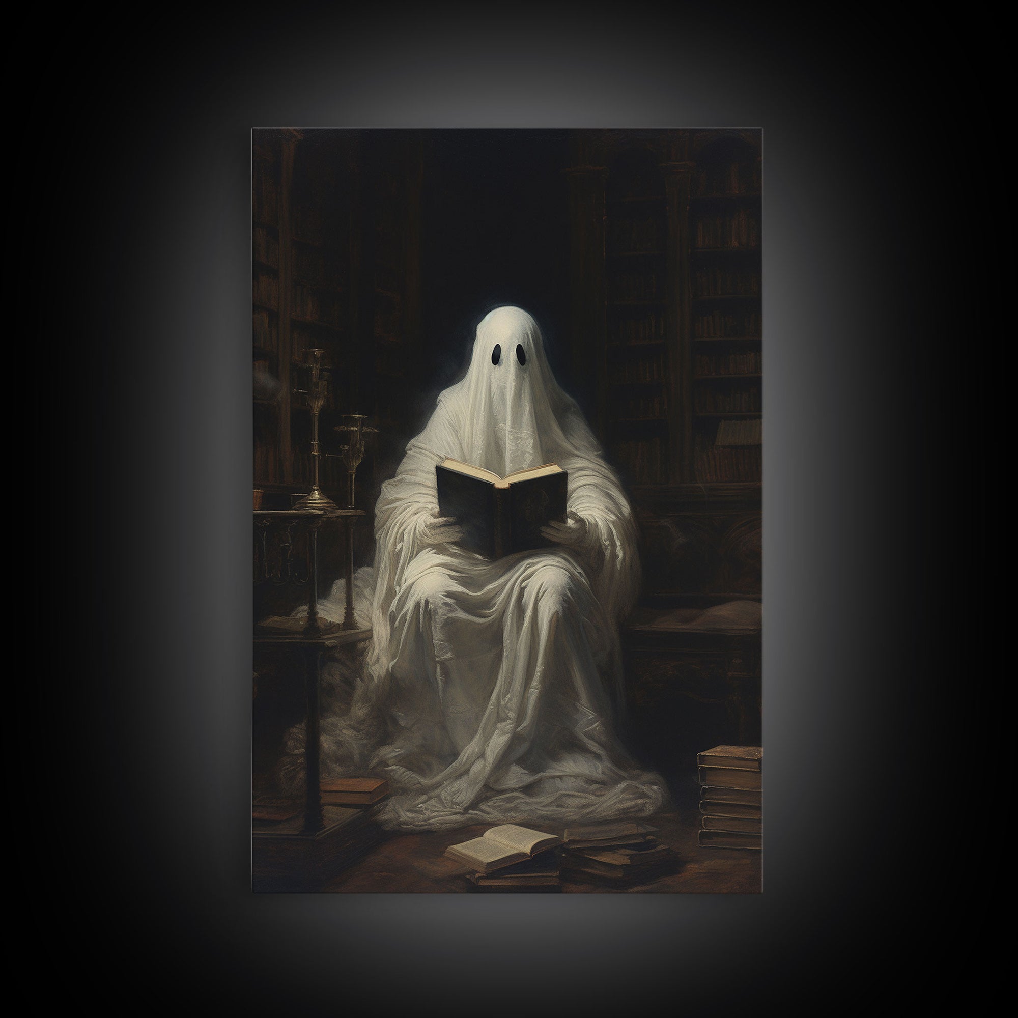 The Reading Ghost, Victorian Halloween Art, Funny Halloween, Framed Canvas, Halloween Canvas Art, Macabre Goth Art