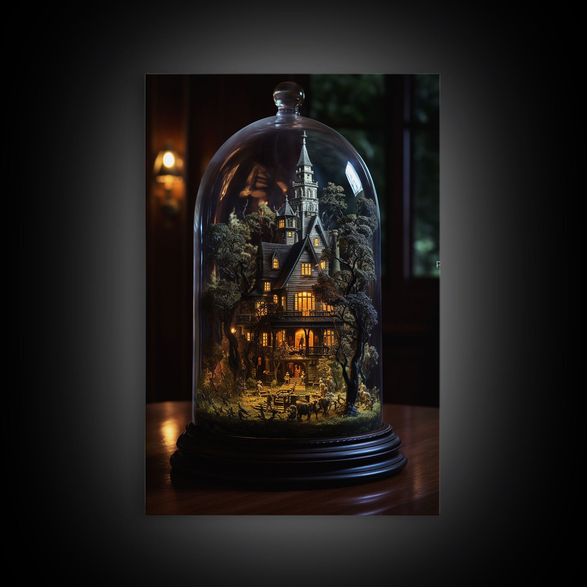 Halloween Snowglobe Art, Framed Canvas Print, Haunted Victorian Mansion In A Bubble, Tiny Worlds, Mini Worlds Art, Vintage Halloween Art