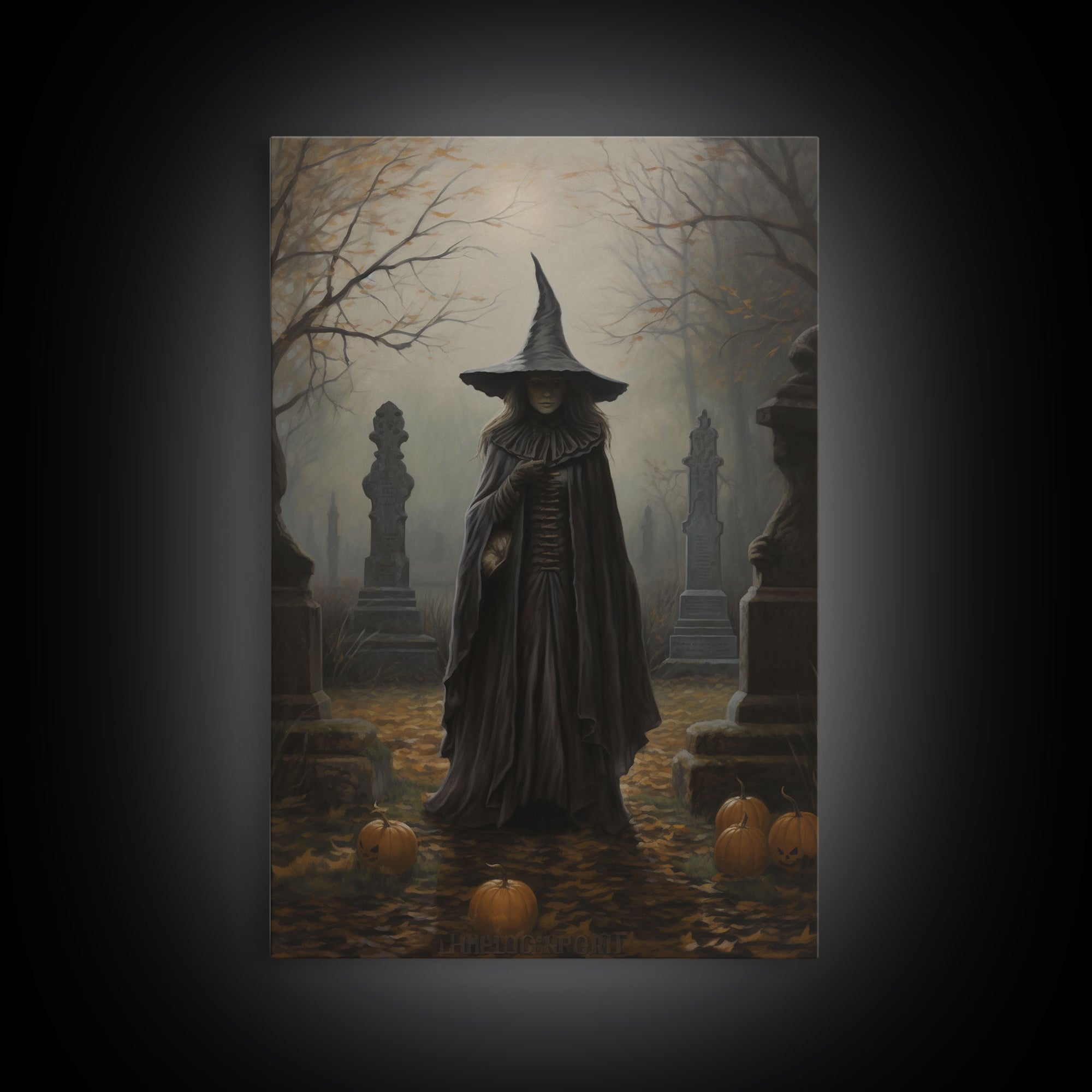 The Witch In The Cemetary, Vintage Halloween Witch Art, Halloween Canvas Printed / Framed Canvas, Witchy Decor, Witchcraft, Dark Academia