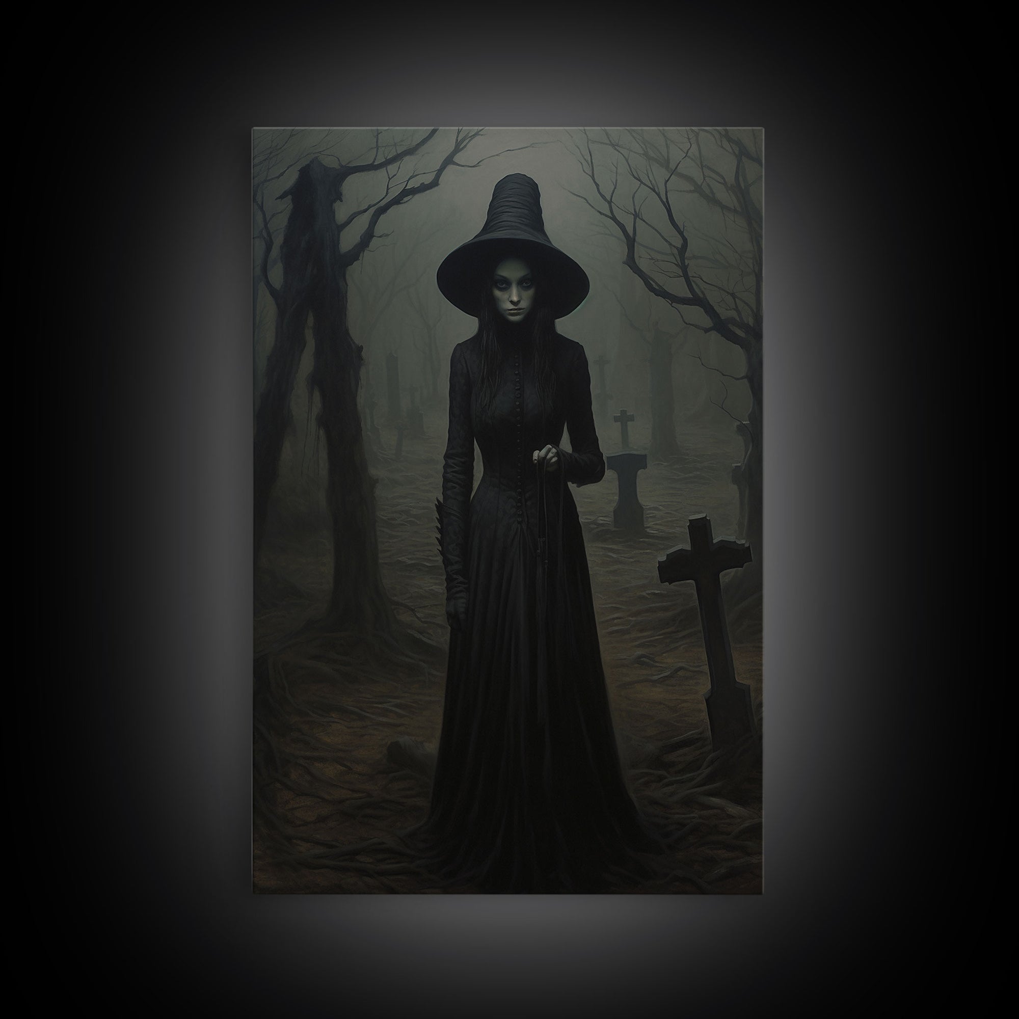 The Witch In The Cemetary, Vintage Halloween Witch Art, Halloween Canvas Printed / Framed Canvas, Witchy Decor, Witchcraft, Dark Academia