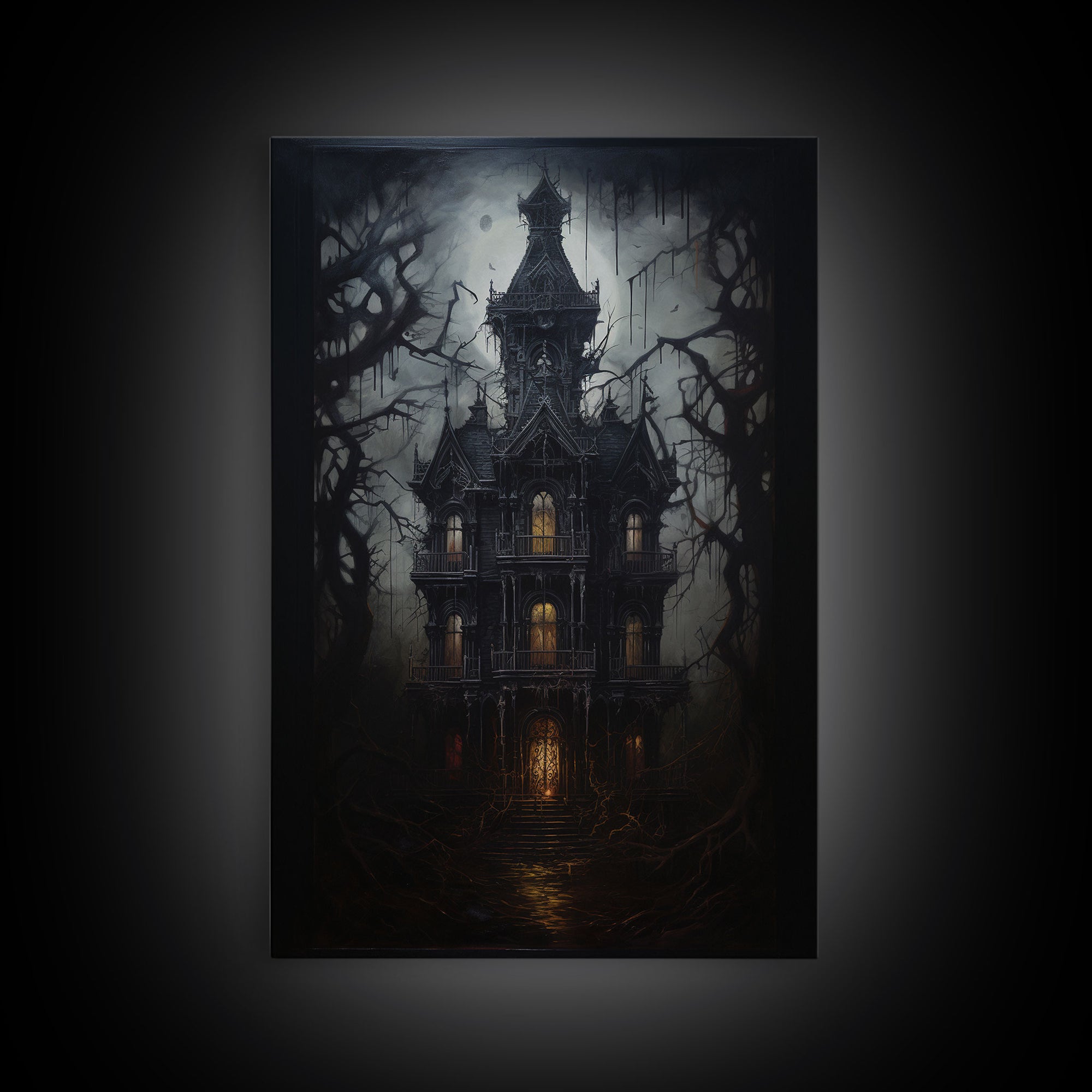 The Haunted House, Framed Canvas Art, Painting Of Haunted Victorian Mansion, Dark Academia, Halloween Decorations, Halloween Art