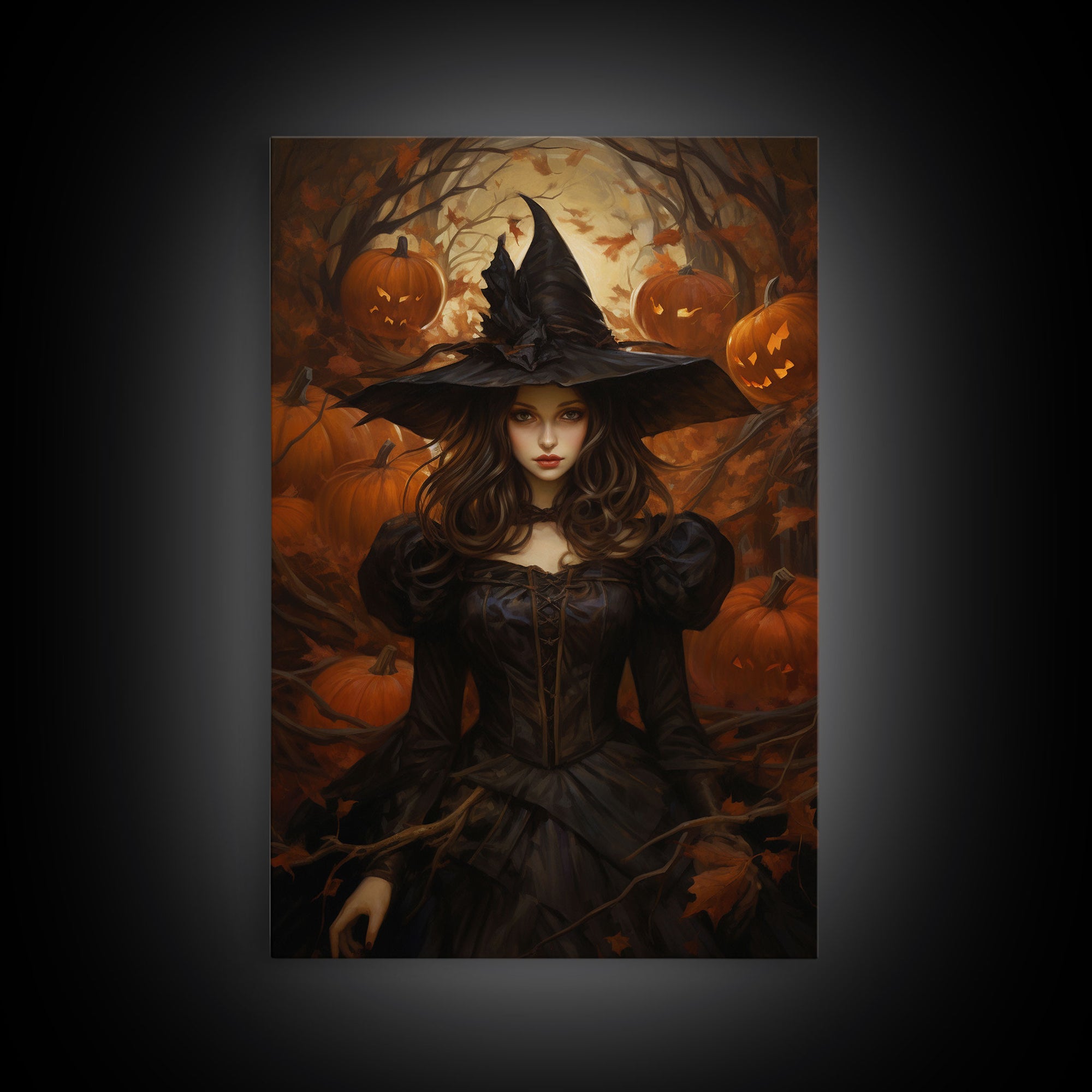 Beautiful Gothic Witch Art, Framed Halloween Canvas, Canvas Print, Spooky Halloween Wall Art, Halloween Deco, Witchy Art Pumpkin Patch Witch