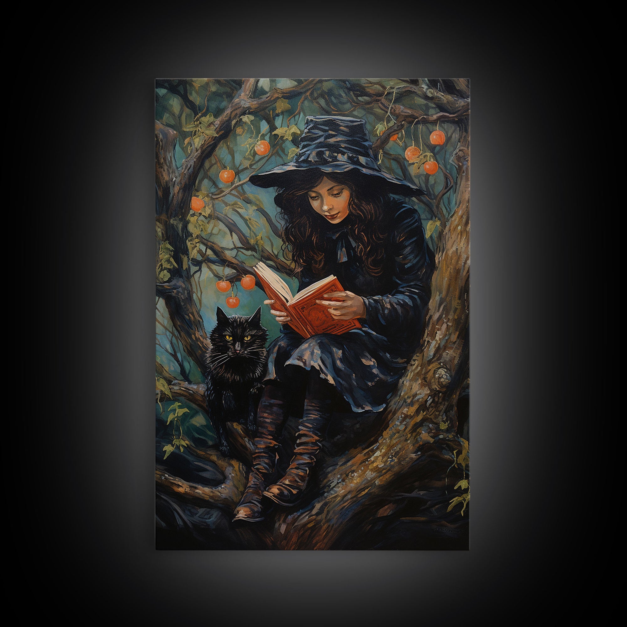 Cute Witch Reading Spells To Her Black Cat Familiar, Vintage Halloween Art, Framed Canvas Print, Halloween Canvas Art, Witchcraft