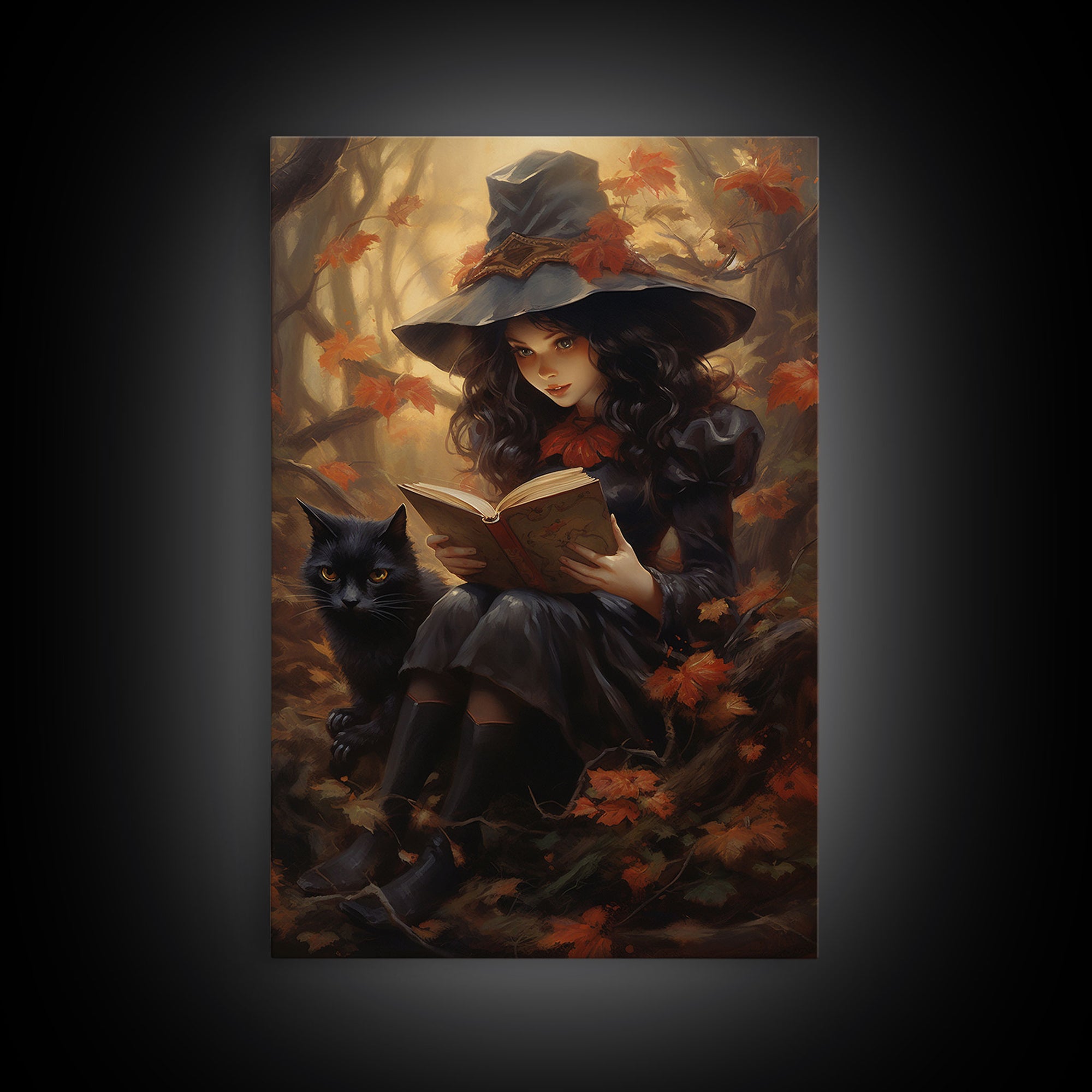 Cute Little Witch Reading Spells To Her Black Cat Familiar, Vintage Halloween Art, Framed Canvas Print, Halloween Canvas Art, Witchcraft