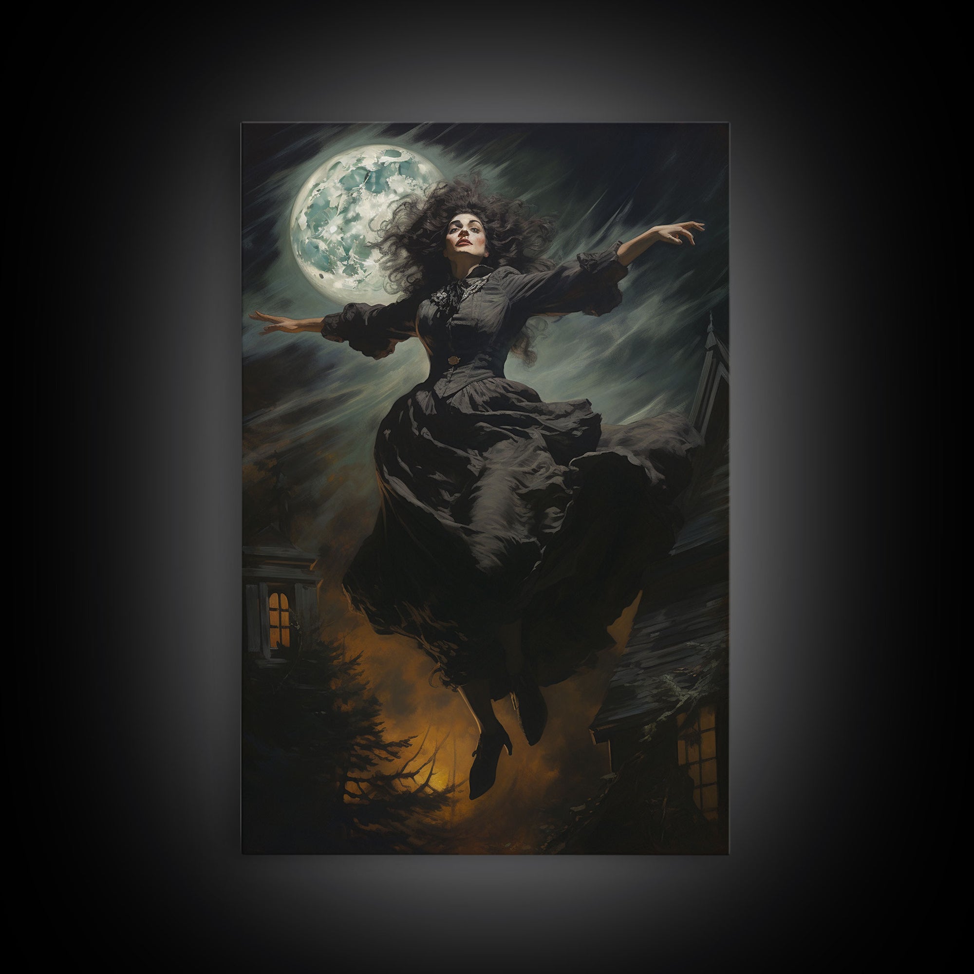 The Wicked Witch, Halloween Canvas, Framed Canvas Print, Spooky Gothic Oil Painting, Witch Flying Through The Air Against A Full Moon, Witch