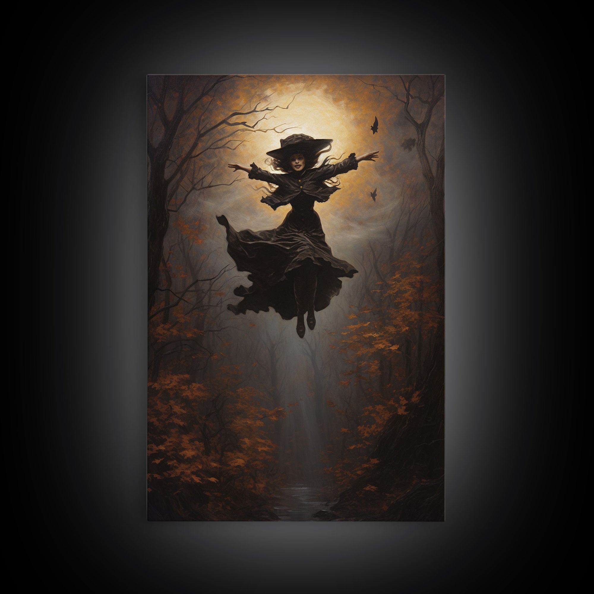 The Wicked Witch, Halloween Canvas, Framed Canvas Print, Spooky Gothic Oil Painting, Witch Flying Through The Air Against A Full Moon, Witch