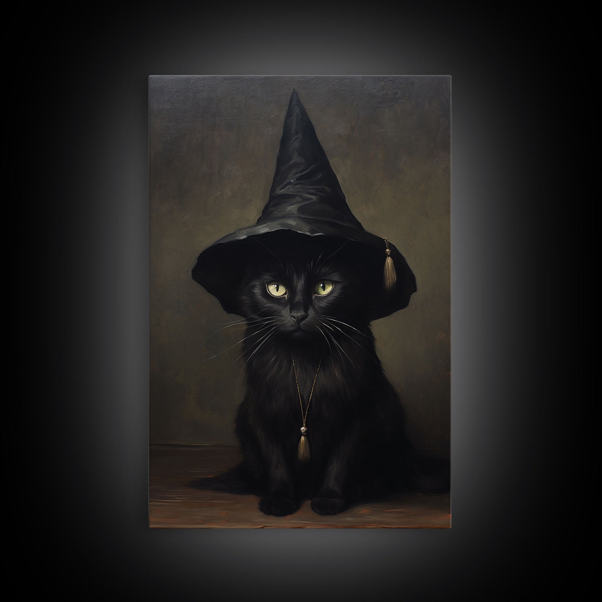 Cute Witch's Familiar Cat Halloween Art, Cat Witch, Cat Painting, Cute Cat Print, Halloween Decor, Black Cat Print, Framed Canvas / Canvas