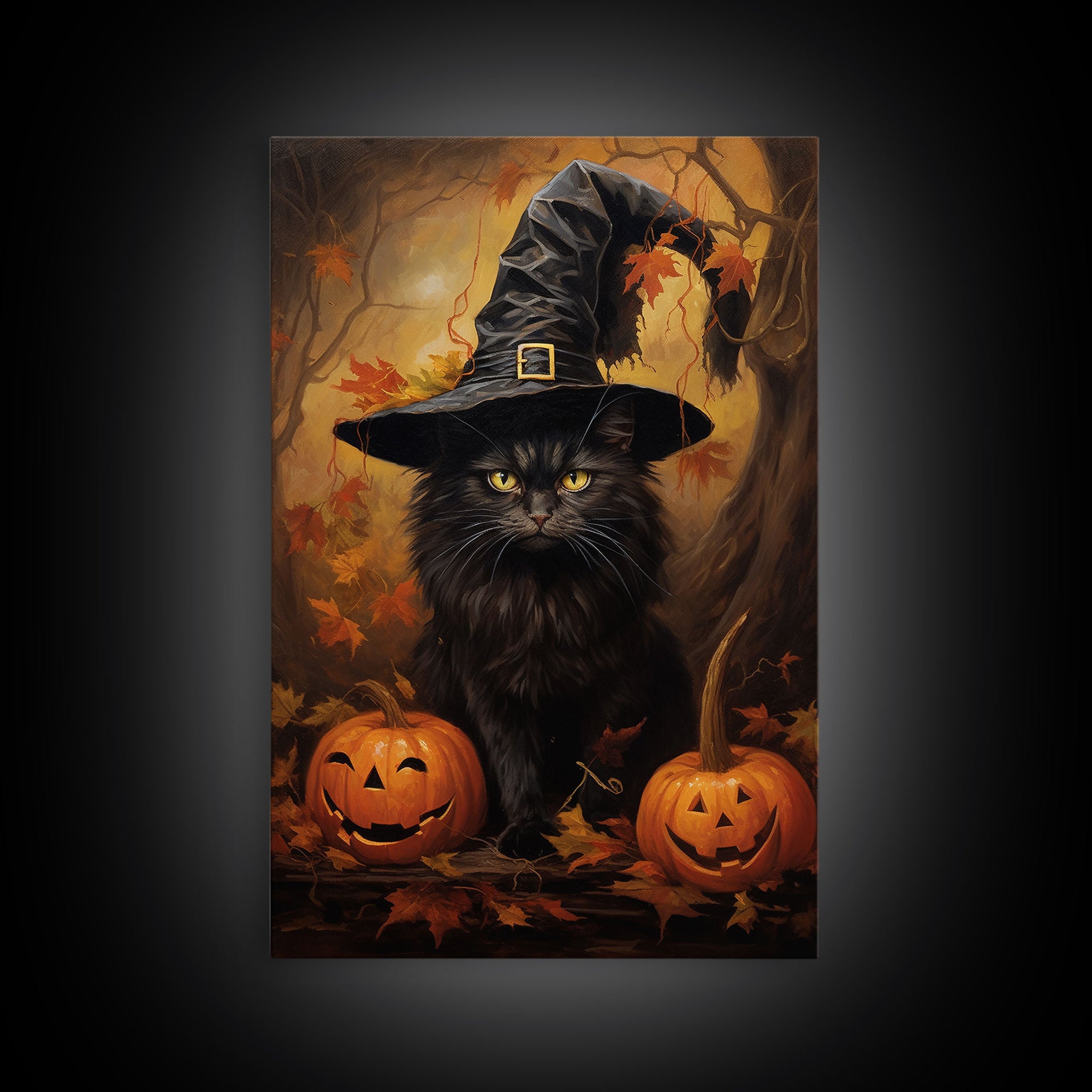 The Witch Cat With Her Jack O Lanterns, Framed Canvas Print, Dark Academia Halloween Art, Victorian Cat Oil Painting, Goth Halloween Decor