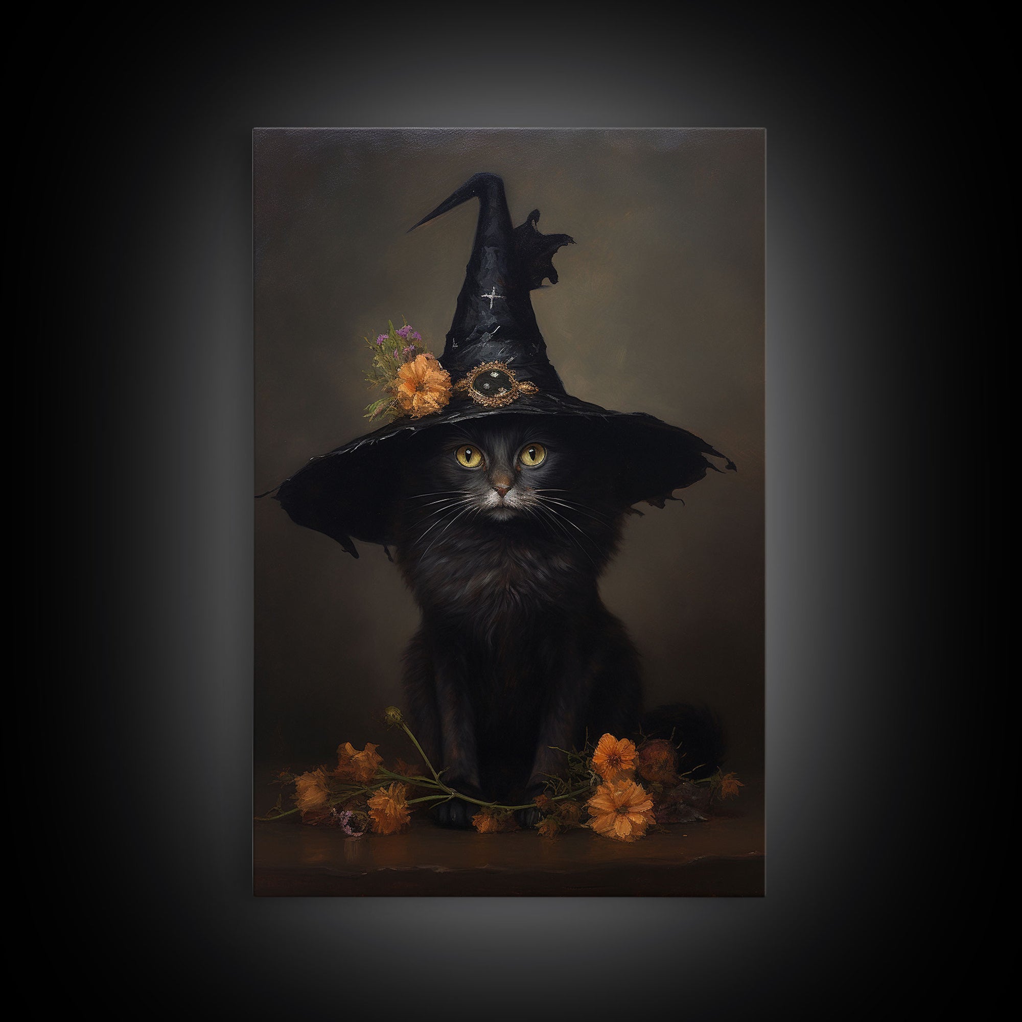 The Witch Cat With A Flower In Her Cap, Framed Canvas Print, Dark Academia Halloween Art, Victorian Cat Oil Painting, Goth Halloween Decor