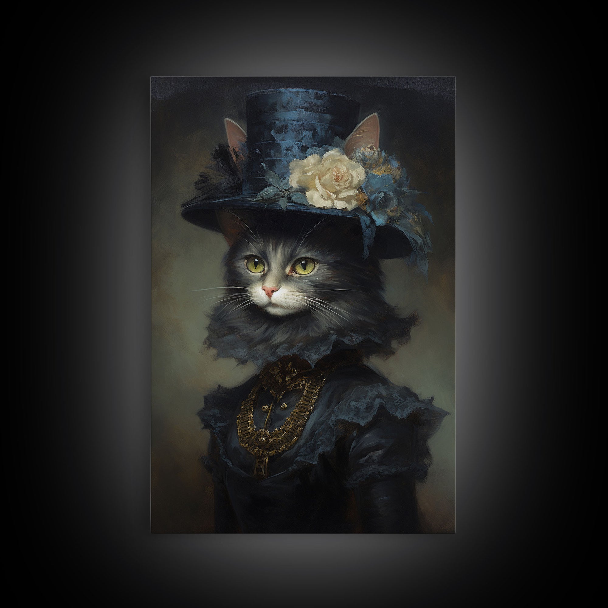 Victorian Cat Portrait, Framed Canvas Print, Oil Painting, Halloween Decor, Cute Halloween Wall Art, Funny Halloween Decor