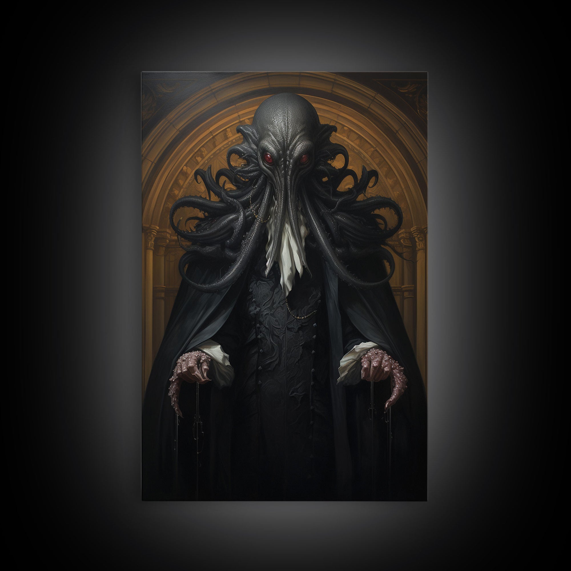 Victorian Portrait of Cthulhu, Gothic Art, Framed Canvas Print, Halloween Decor, The Gentleman Cthulhu, Goth Art