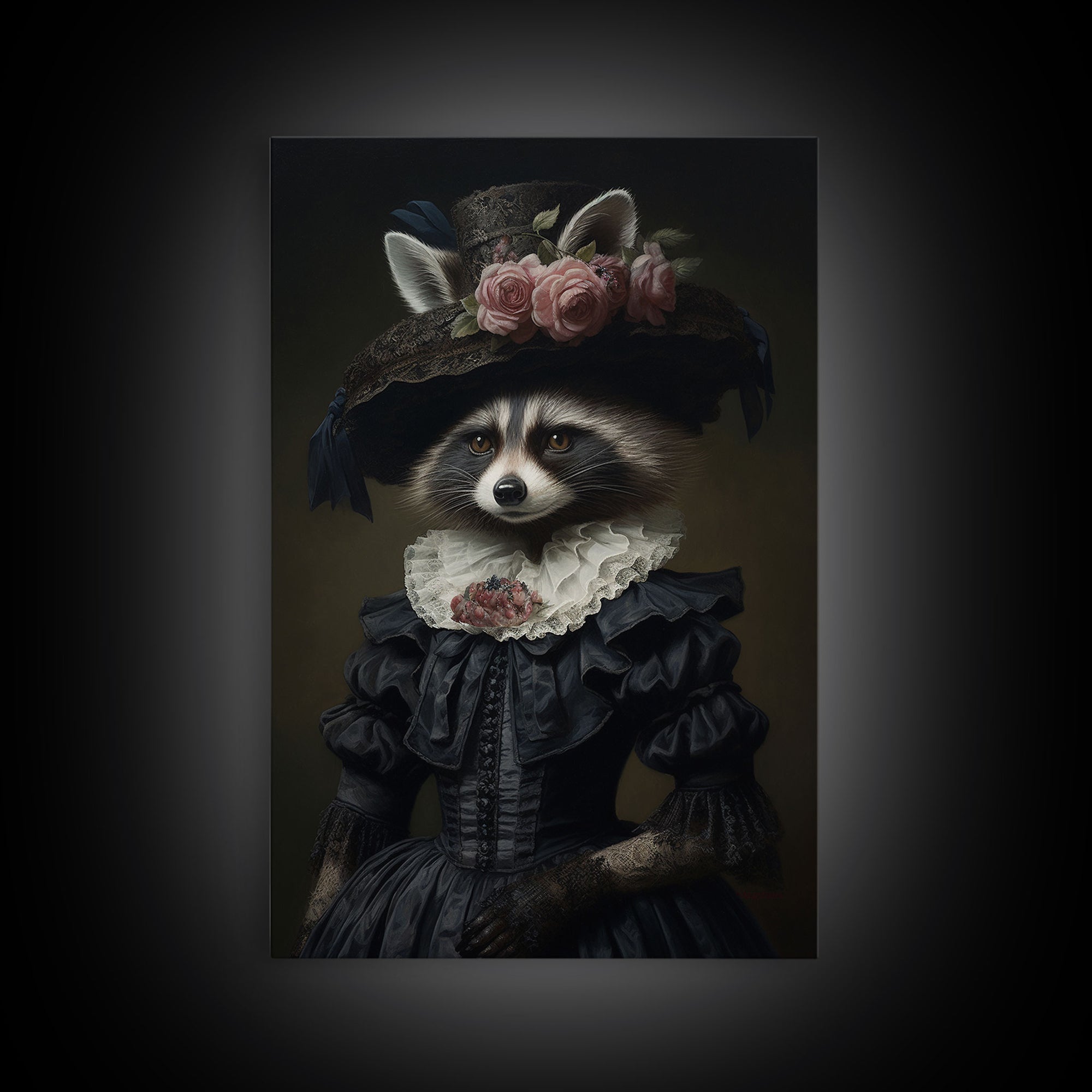 Fancy Victorian Lady Racoon, Framed Canvas Print Or Canvas, Victorian Animal Print Oil Painting, Funny Halloween Decor