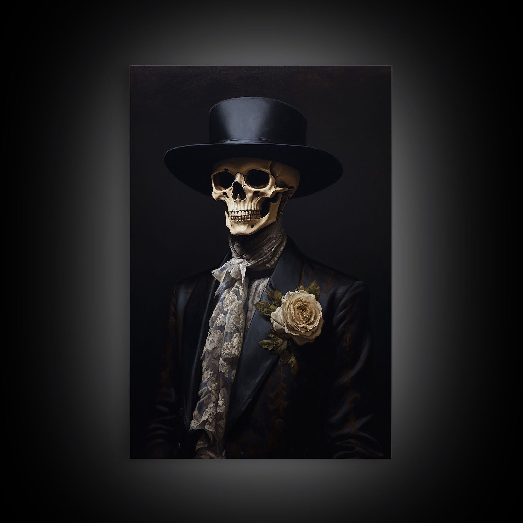 The Dapper Skeleton, Spooky Halloween Wall Art, Canvas Print, Framed Halloween Canvas Print, Dark Academia, Goth Art