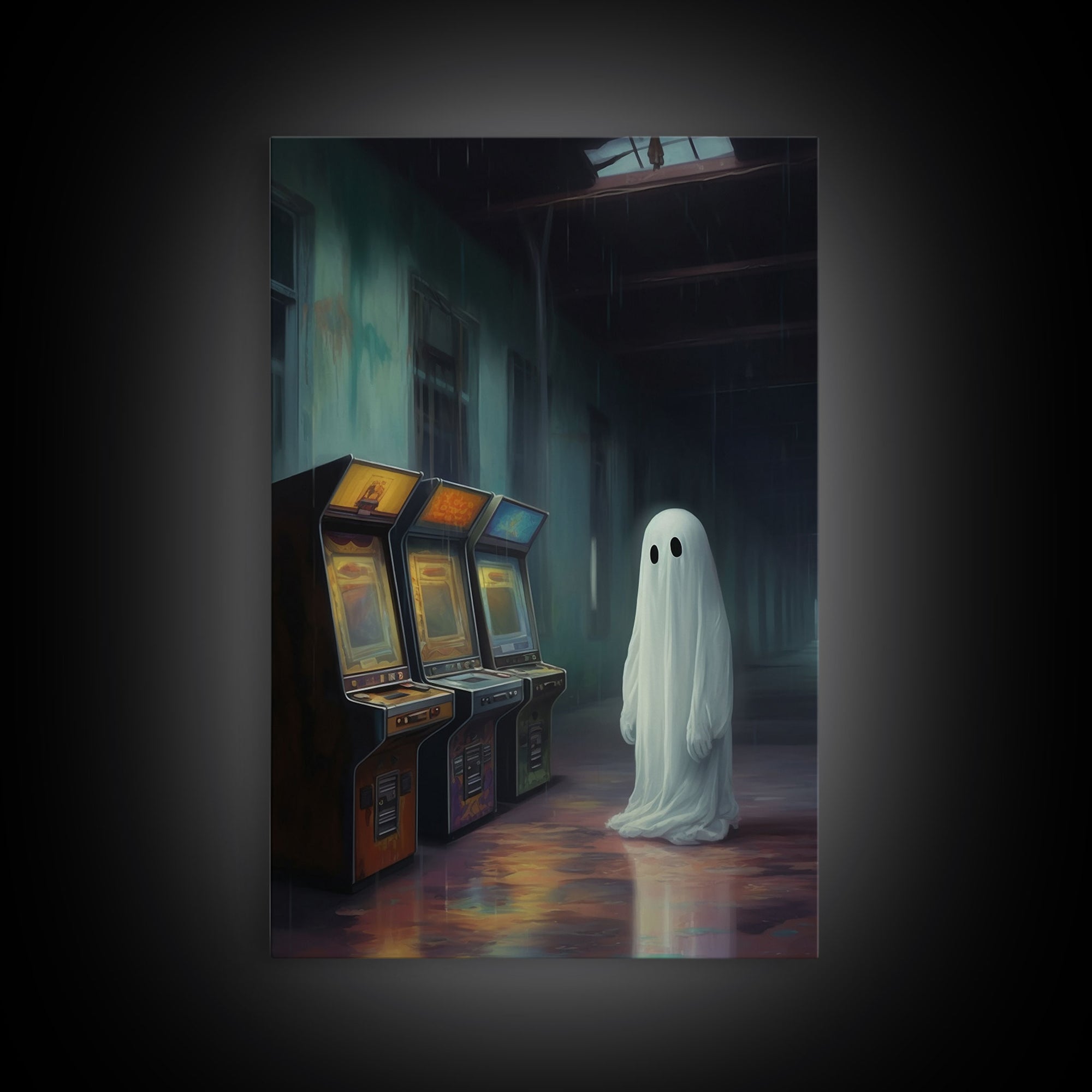 Ghost in an Abandoned Arcade, Nostalgia Canvas, Art Canvas Print, Dark Academia, Gothic Retro, Game Room Art, Halloween Decoration