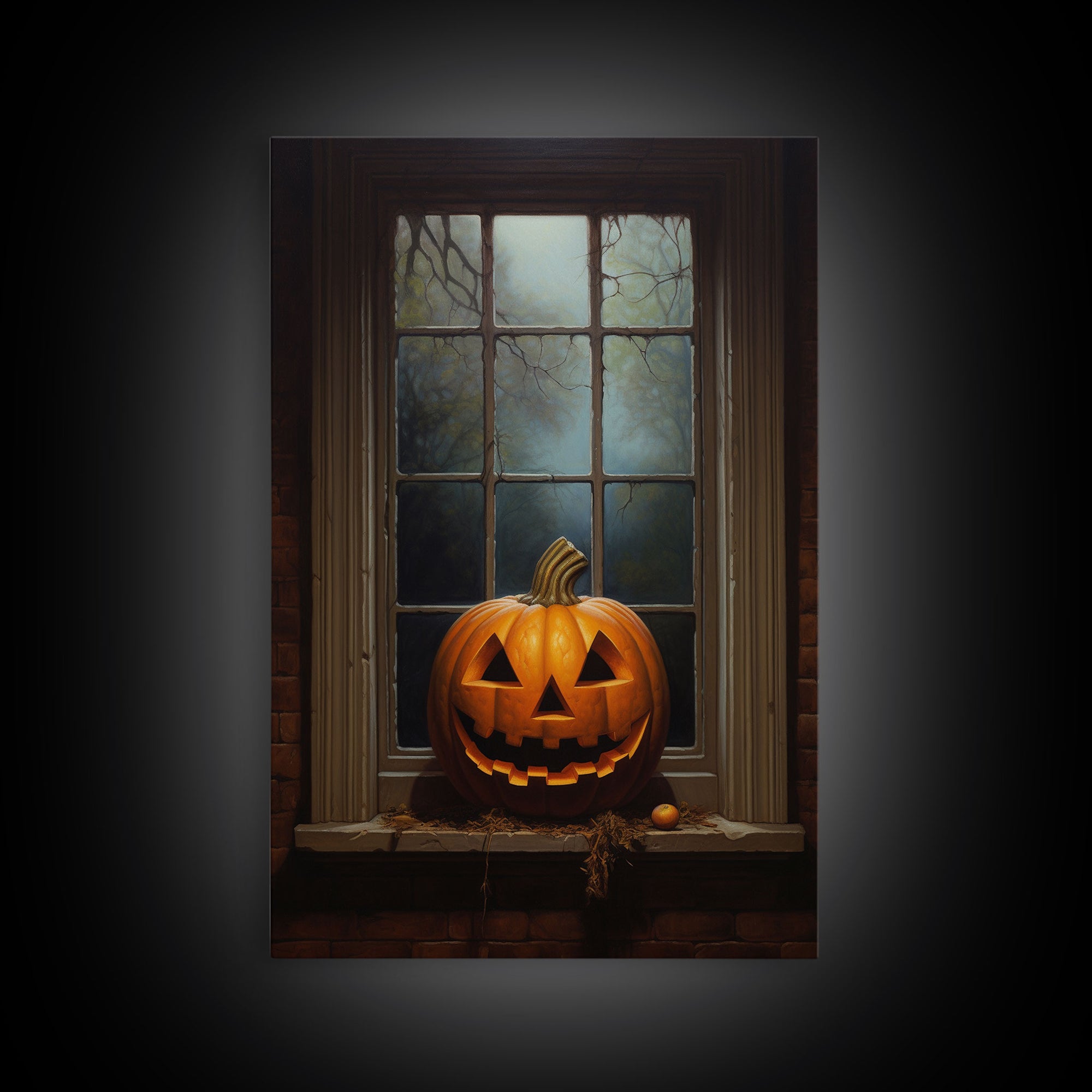 Spooky Jack O' Lantern In A Window Sill, Framed Canvas Print, Halloween Canvas, Halloween Art, Dark Academia, Art Canvas Print