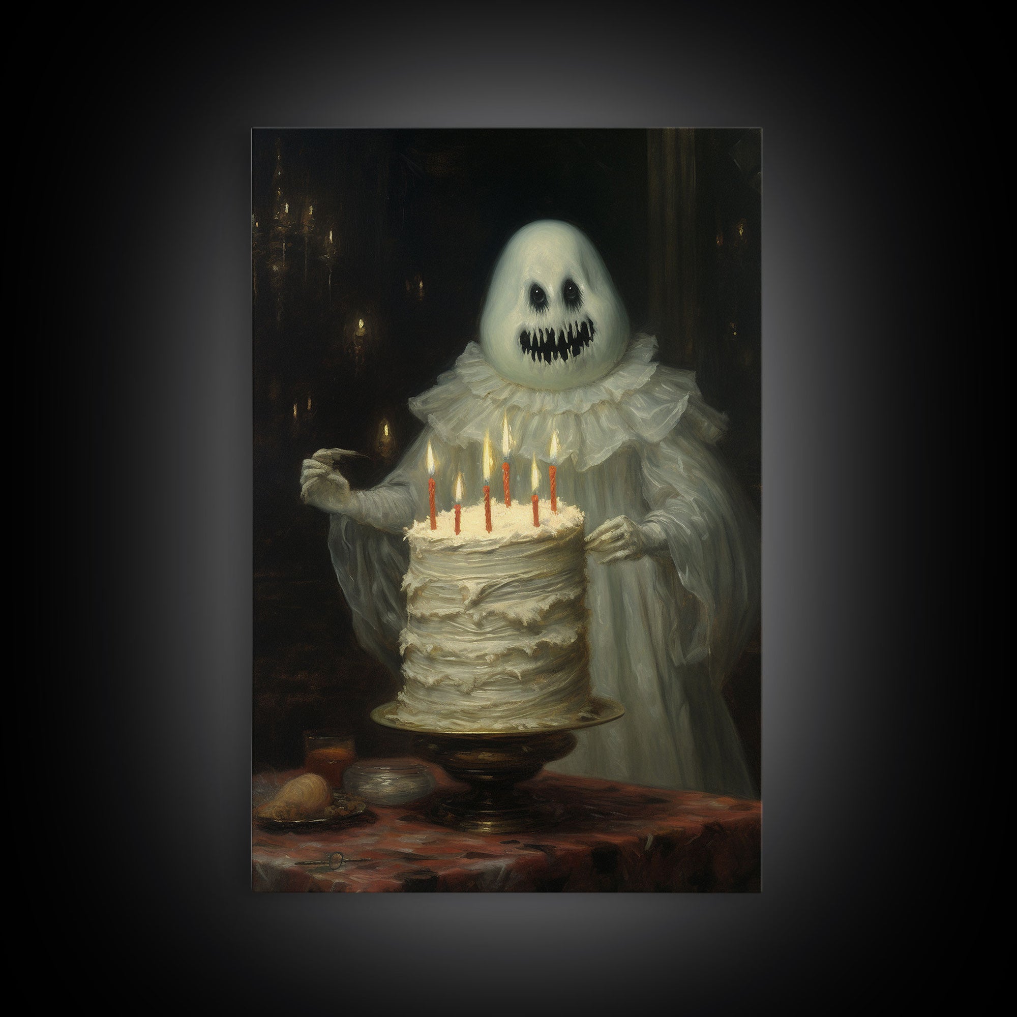 The Ghost And The Cake, Funny Halloween Art, Framed Canvas Print