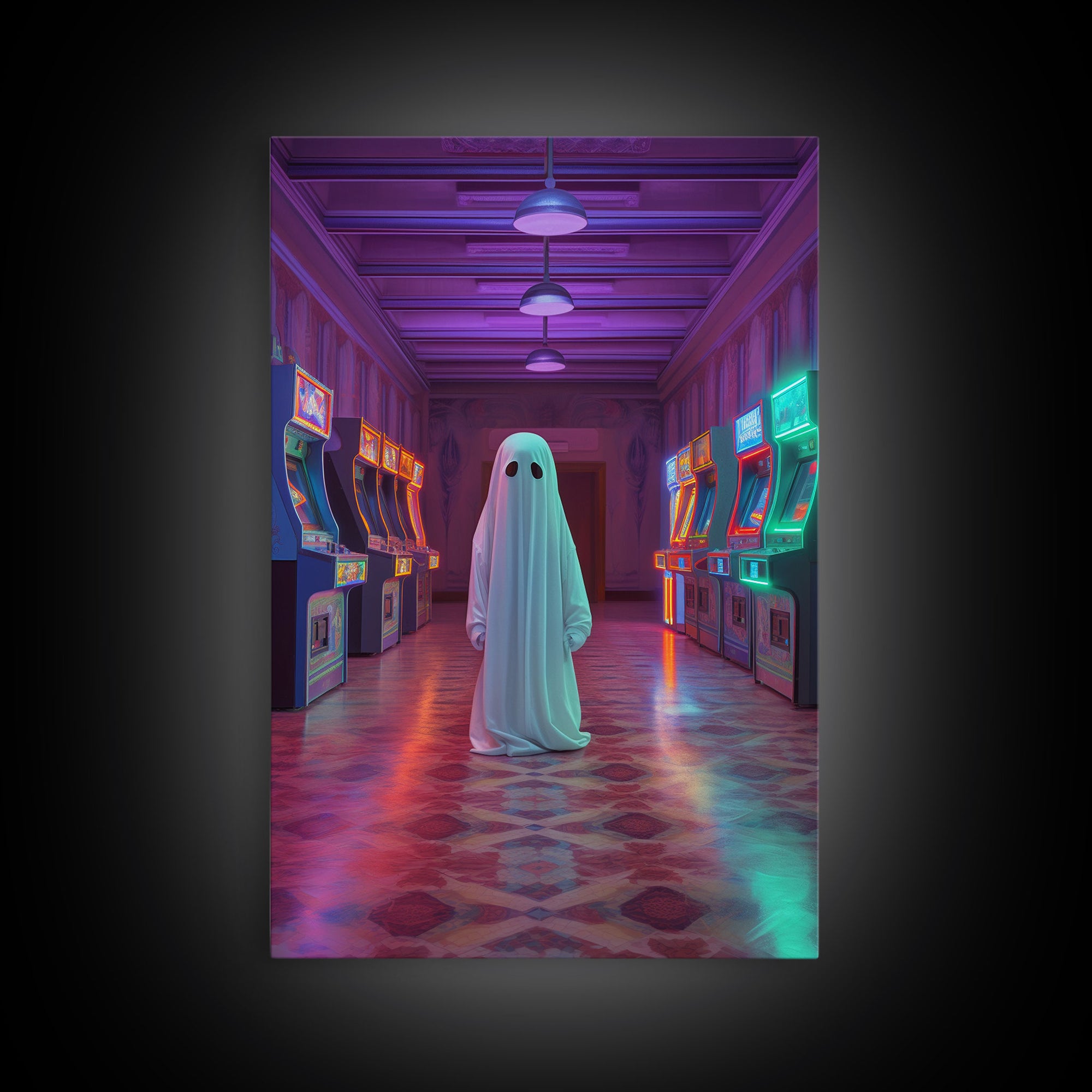 The Phantom Of The Arcade, Framed Canvas Print, Retro Vaporwave Halloween Mashup Art, Halloween Canvas Prints