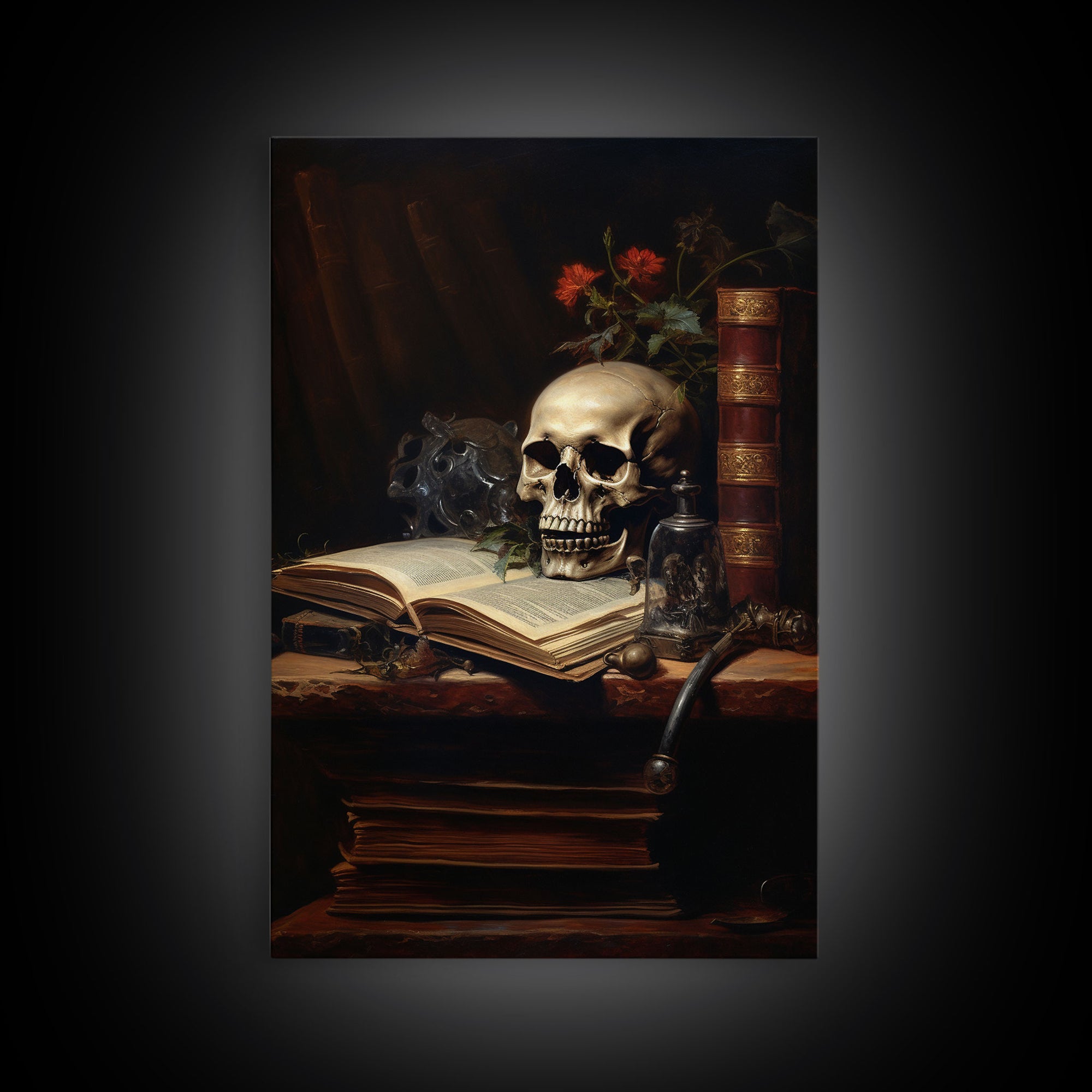 Victorian Book Shelf With Skull, Vintage Canvas, Art Canvas Print, Dark Academia, Gothic Victorian, Reading Gifts, Halloween Decoration