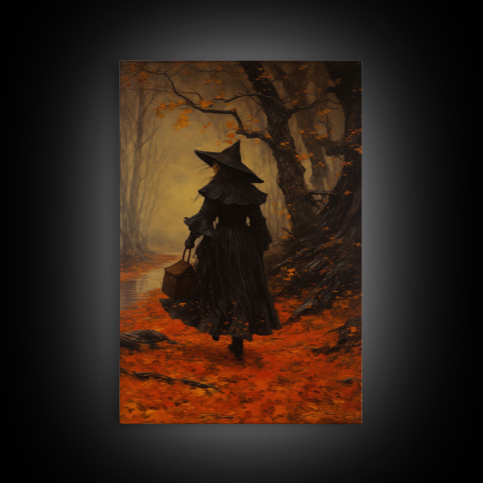 The Witch, Witch Decor, Halloween Witch, Framed Canvas, Retro Hallowen Wall Art, Halloween Canvas, Witch Painting, Fall Decor, Fall Leaves